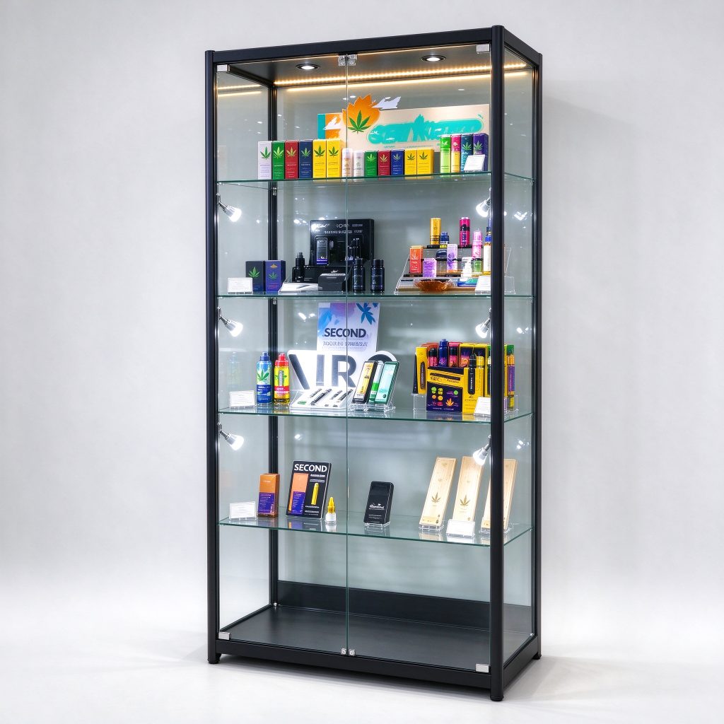 Slim dark-framed transparent tower reference with display rows and top light-like fittings