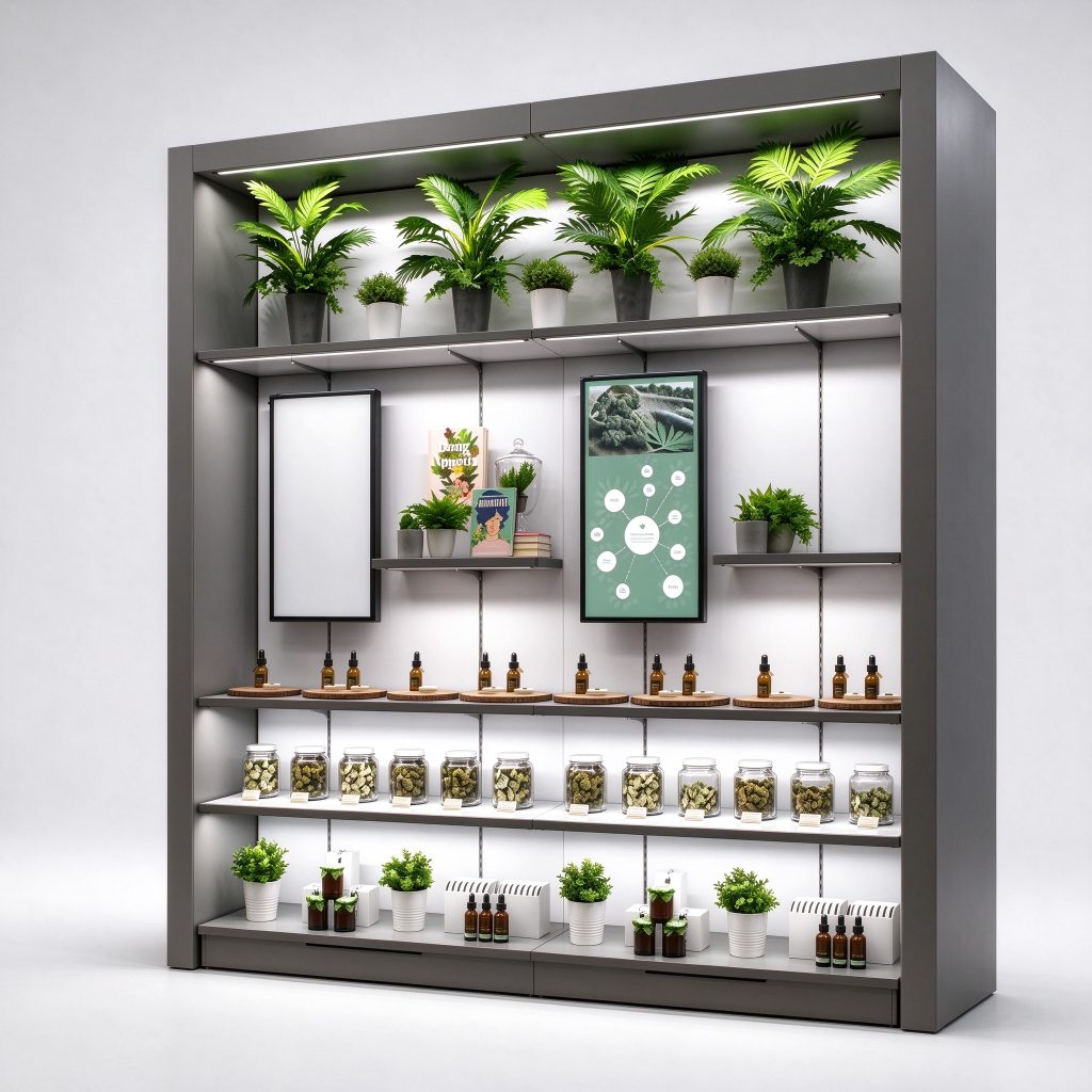 Deep framed wall shelving concept with graphic panels and plant props