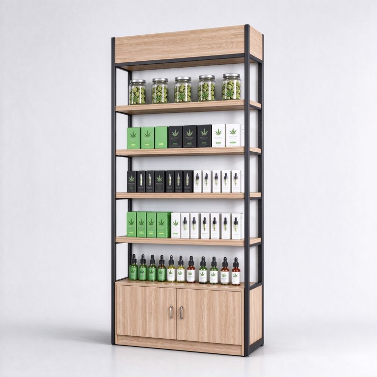 Wood-look open shelving reference above two lower fronts within dark uprights