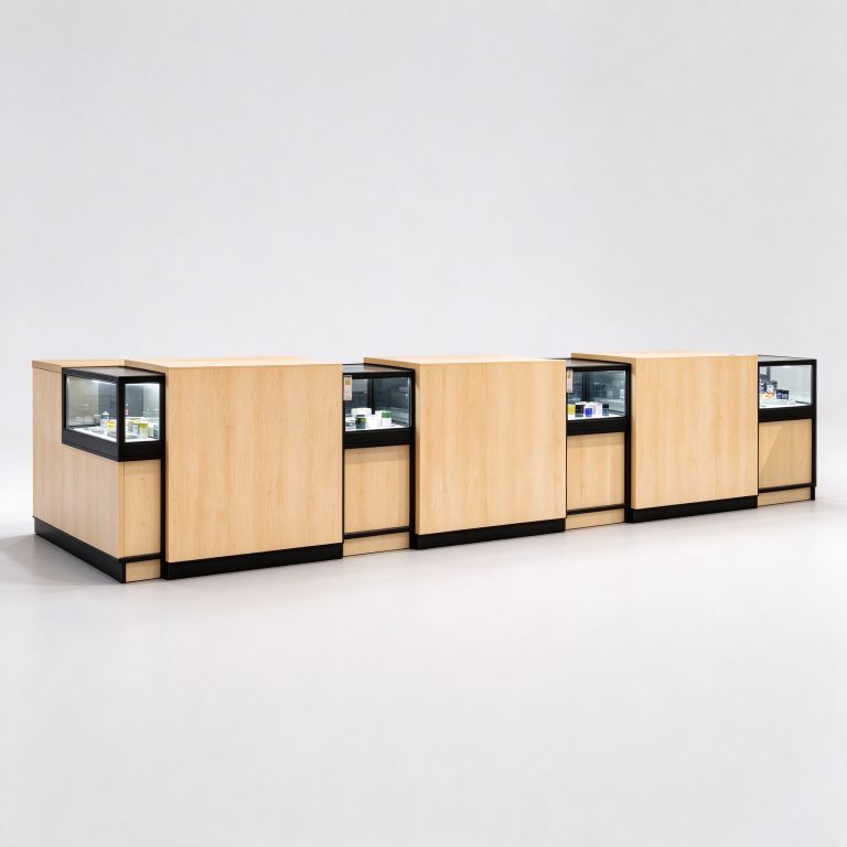 Long pale wood-look sales counter reference with repeated transparent presentation sections