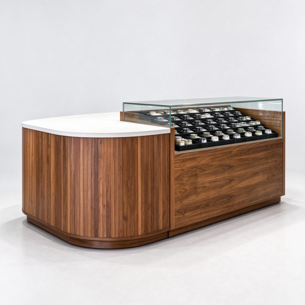 Curved pale-top and wood-look counter reference adjoining an angled tray display