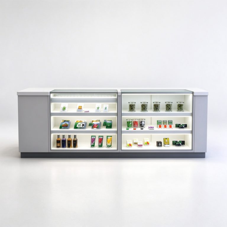 Straight grey counter reference with two bright merchandise windows and solid end sections