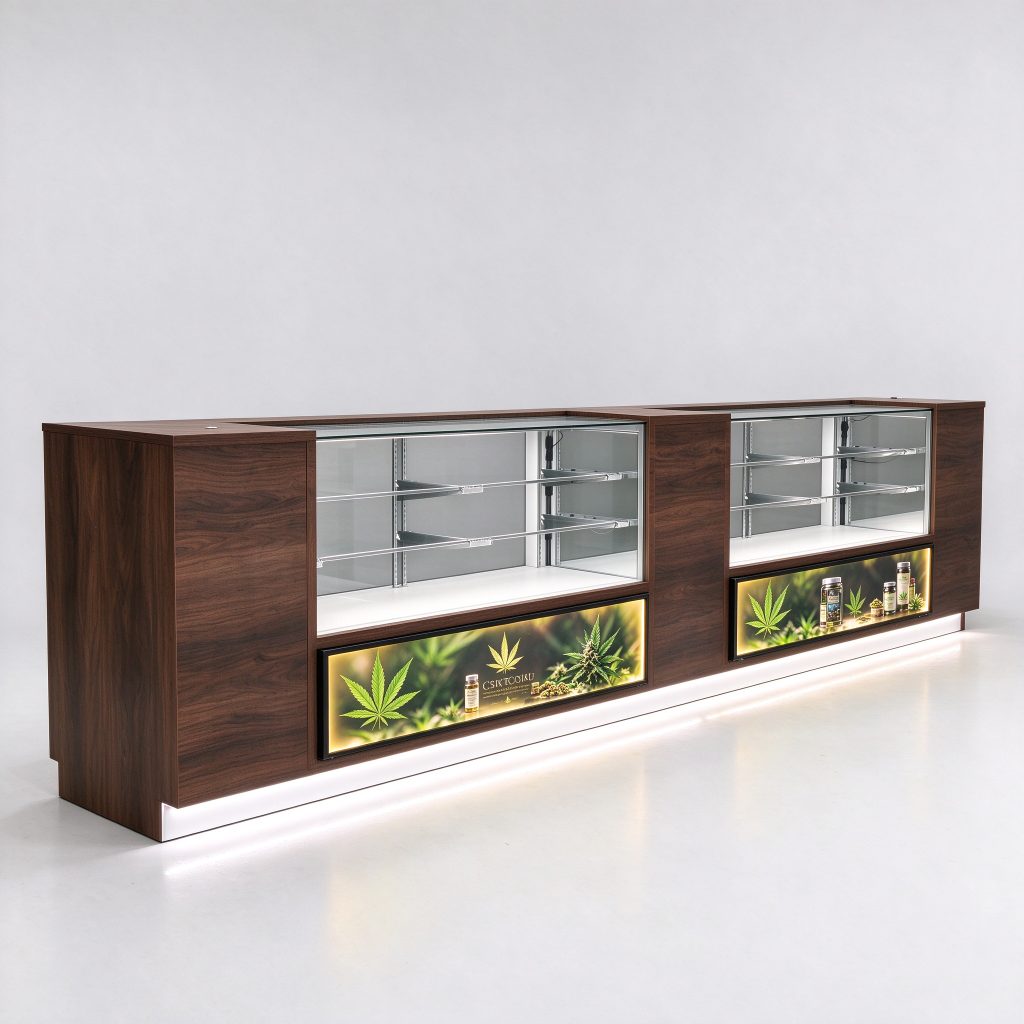Dark wood-look counter reference with transparent upper bays and two lower graphic panels