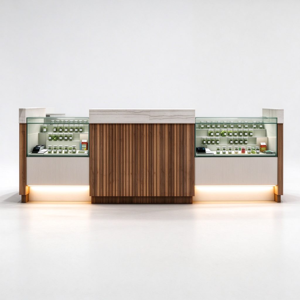 Slatted wood-look centre counter reference between pale transparent display areas