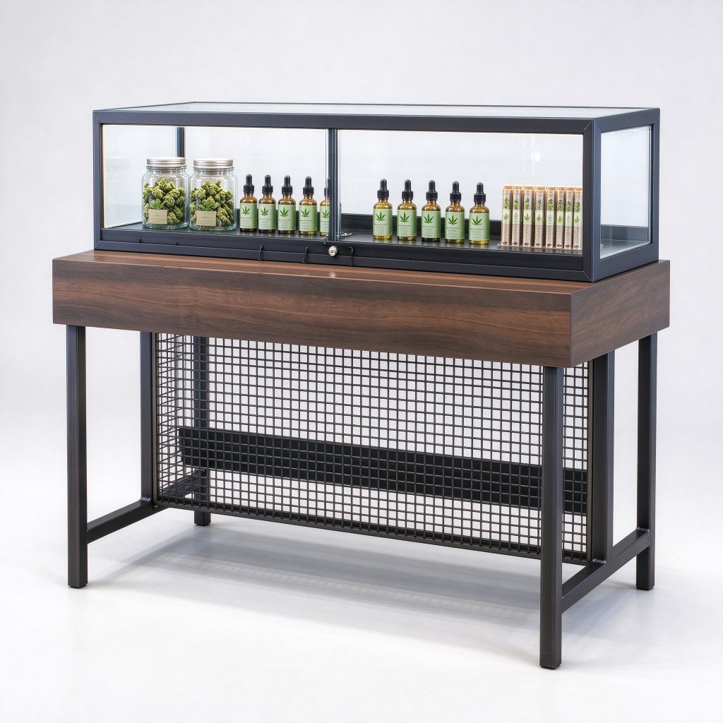 Dark-framed wood-look display table reference with a lower mesh feature