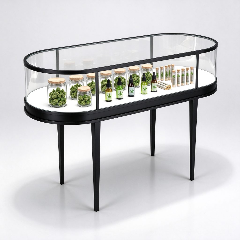 Oval transparent-sided display table reference with a dark rim, pale deck and four slender supports