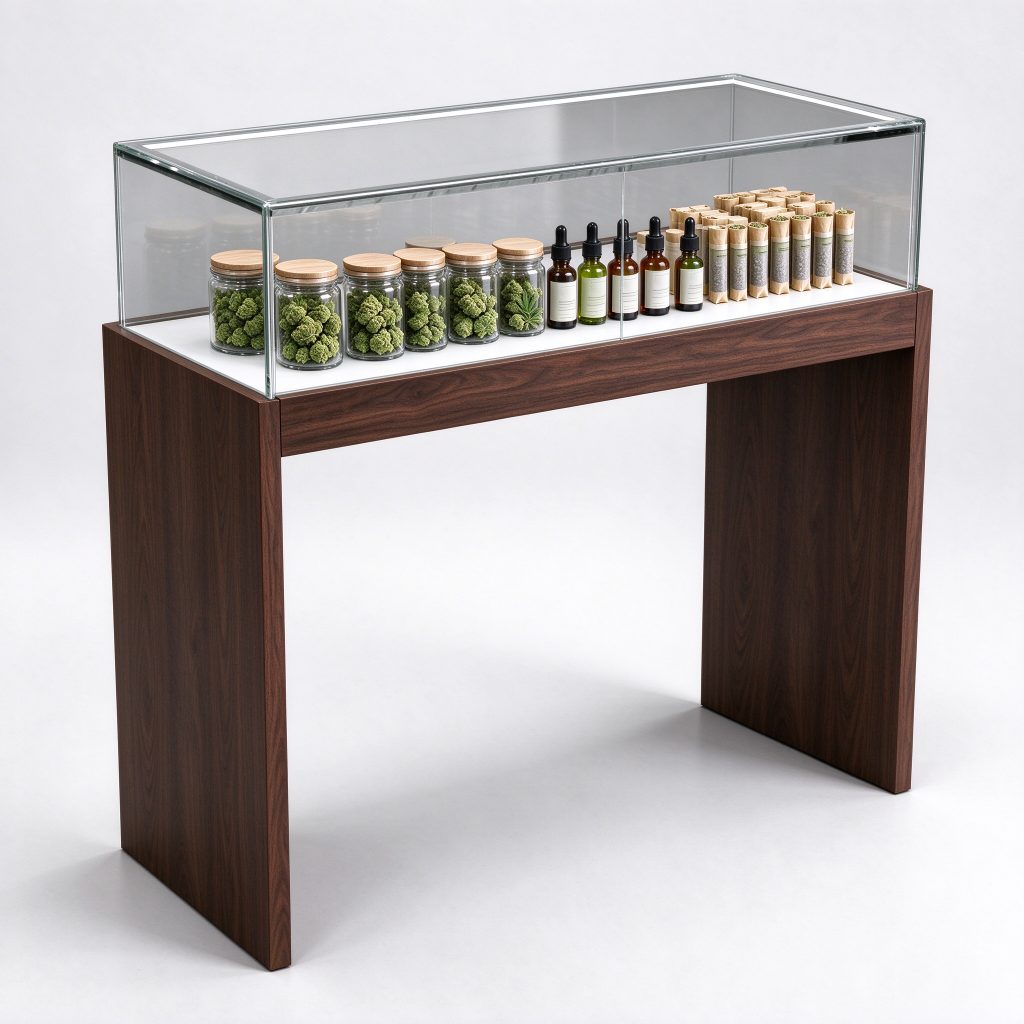 Dark wood-look display table reference with transparent sides, an open top and broad end supports