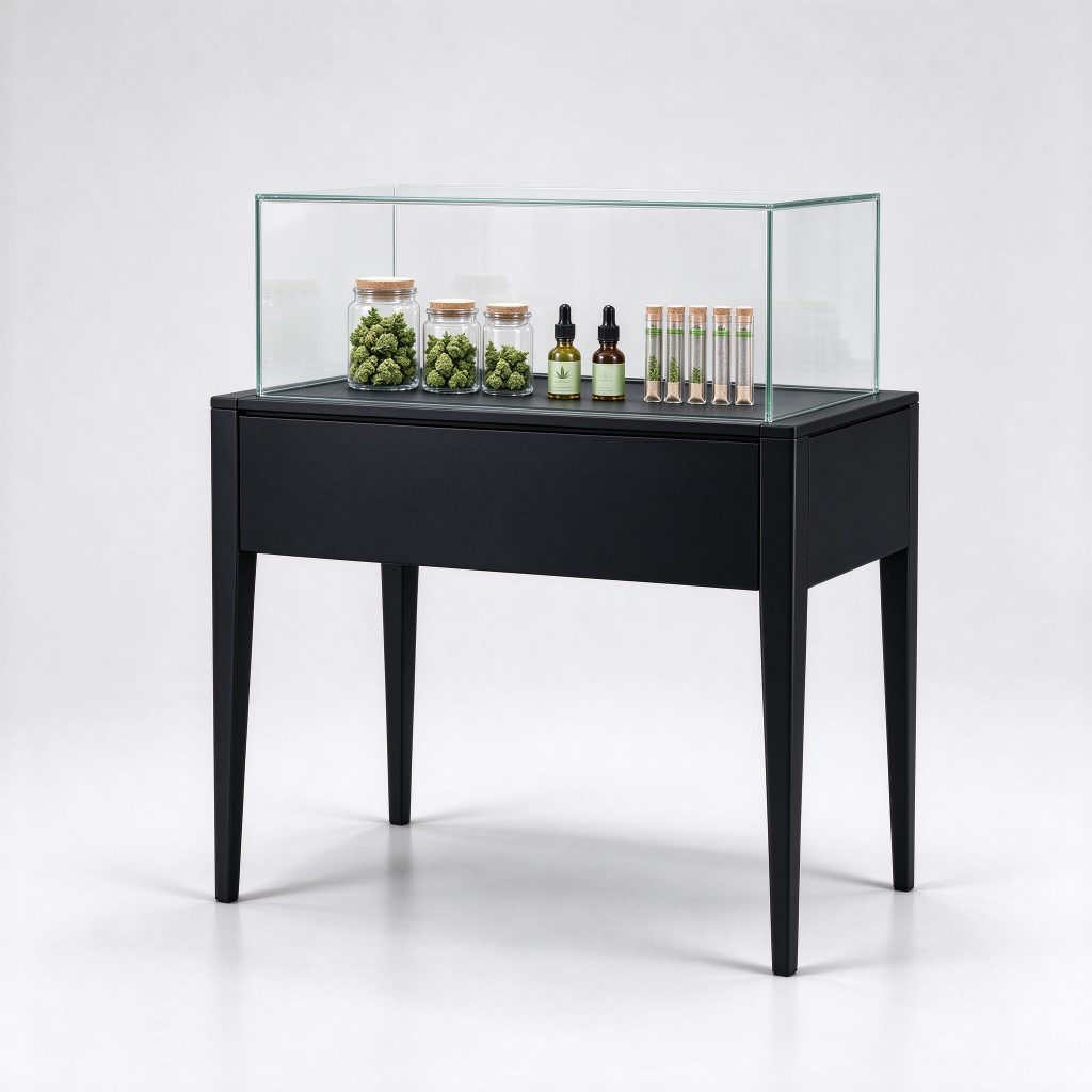 Plain transparent showcase reference on a black table with tapered legs