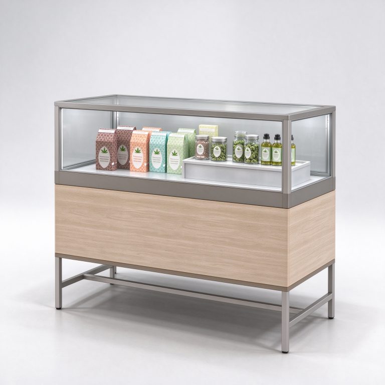 Silver-tone framed island reference with a transparent case and pale wood-look body
