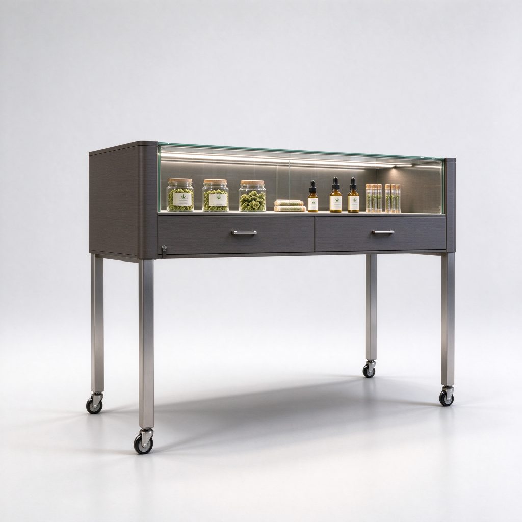 Dark framed mobile showcase reference with lower drawer fronts, visible casters and a bright upper edge