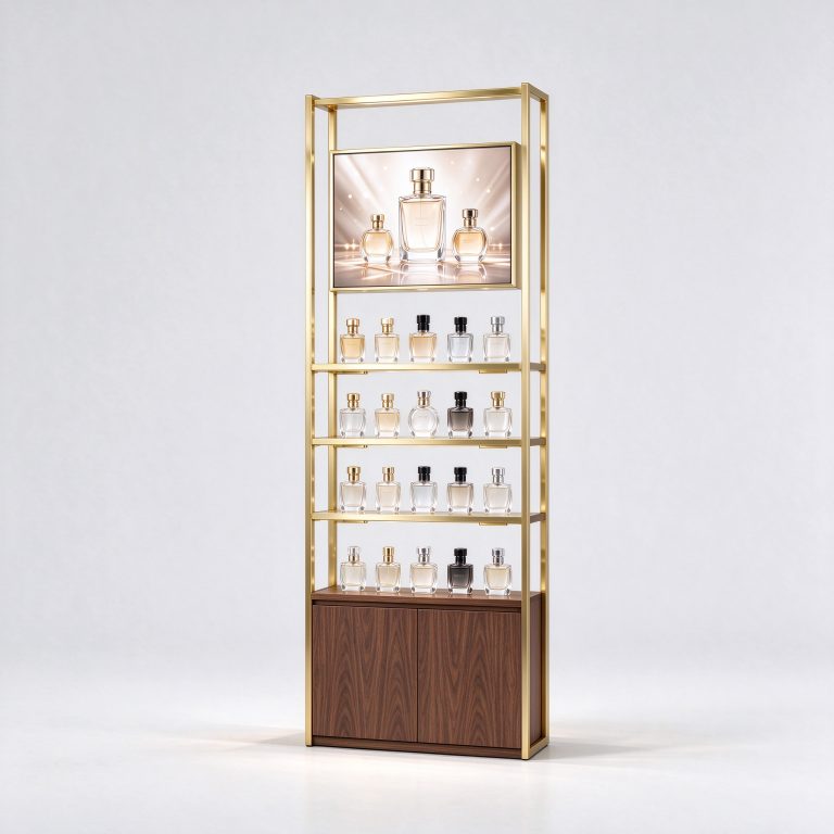 Tall gold-tone perfume rack reference above a dark wood-look cabinet with an upper artwork panel