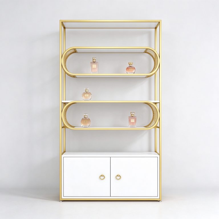 Gold-tone perfume rack reference with two capsule-shaped shelf outlines and a pale lower cabinet