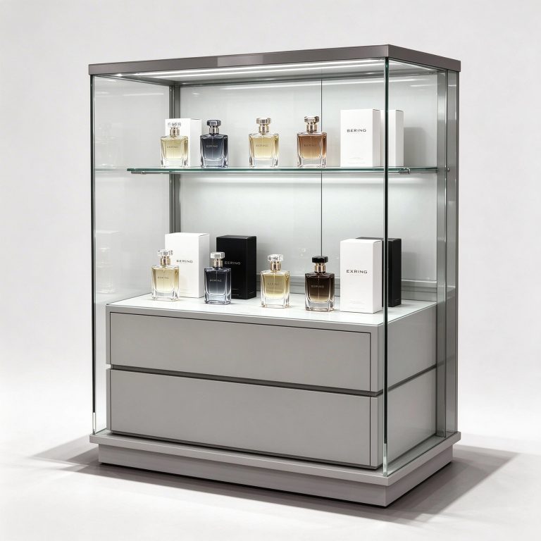 Grey framed perfume showcase reference with transparent viewing areas, two presentation rows and lower drawer fronts