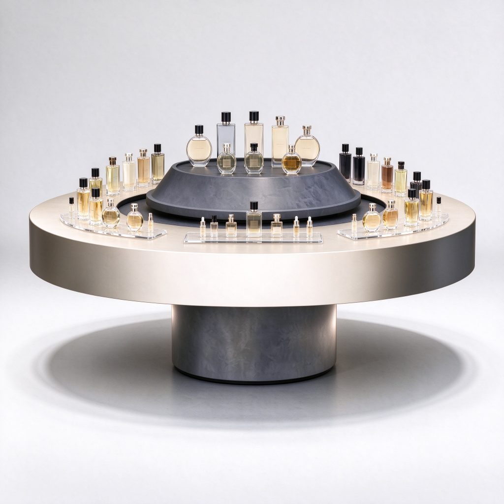 Circular perfume island reference with a pale deck, dark pedestal and raised centre