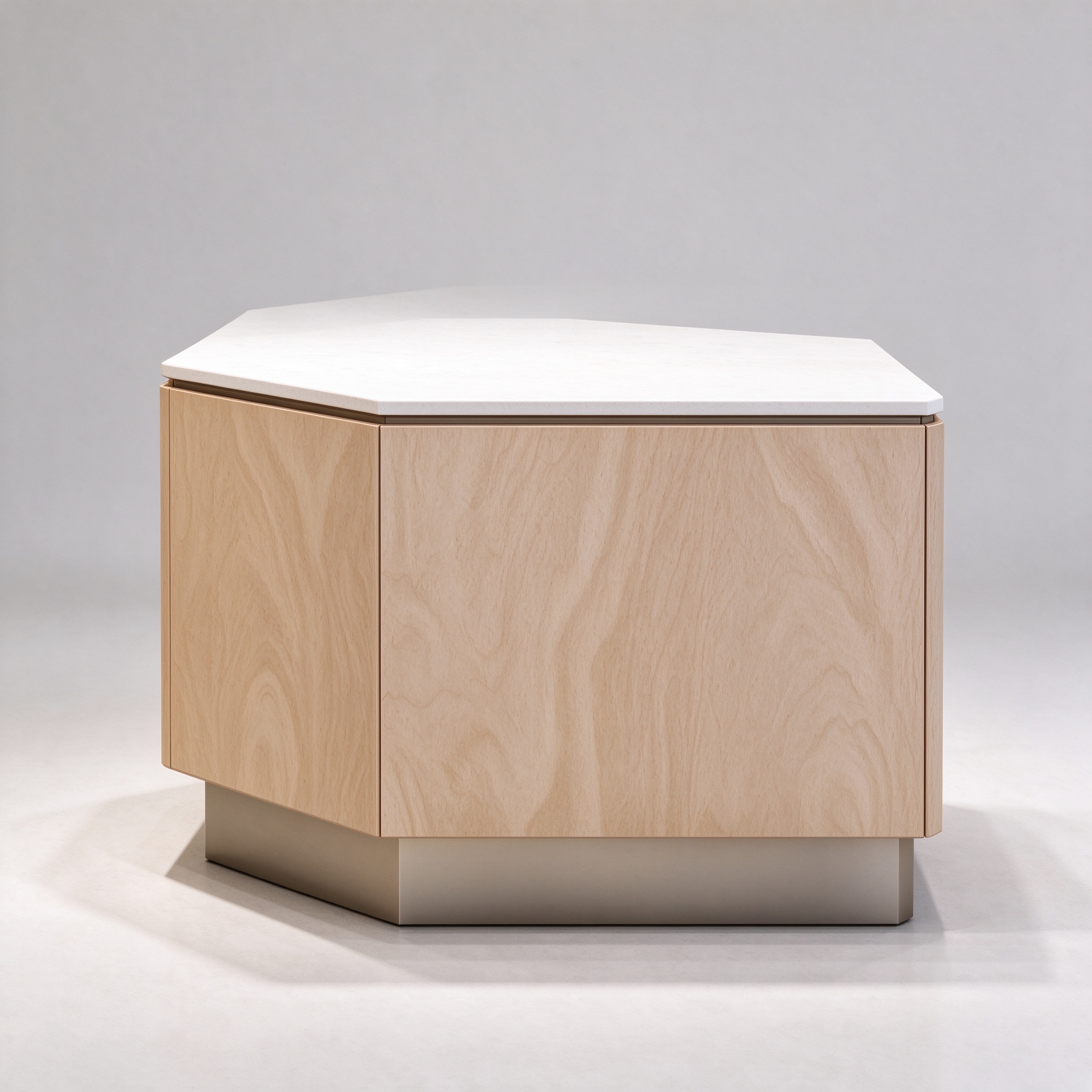 Faceted wood-look perfume counter reference with a pale top and recessed metal-look base