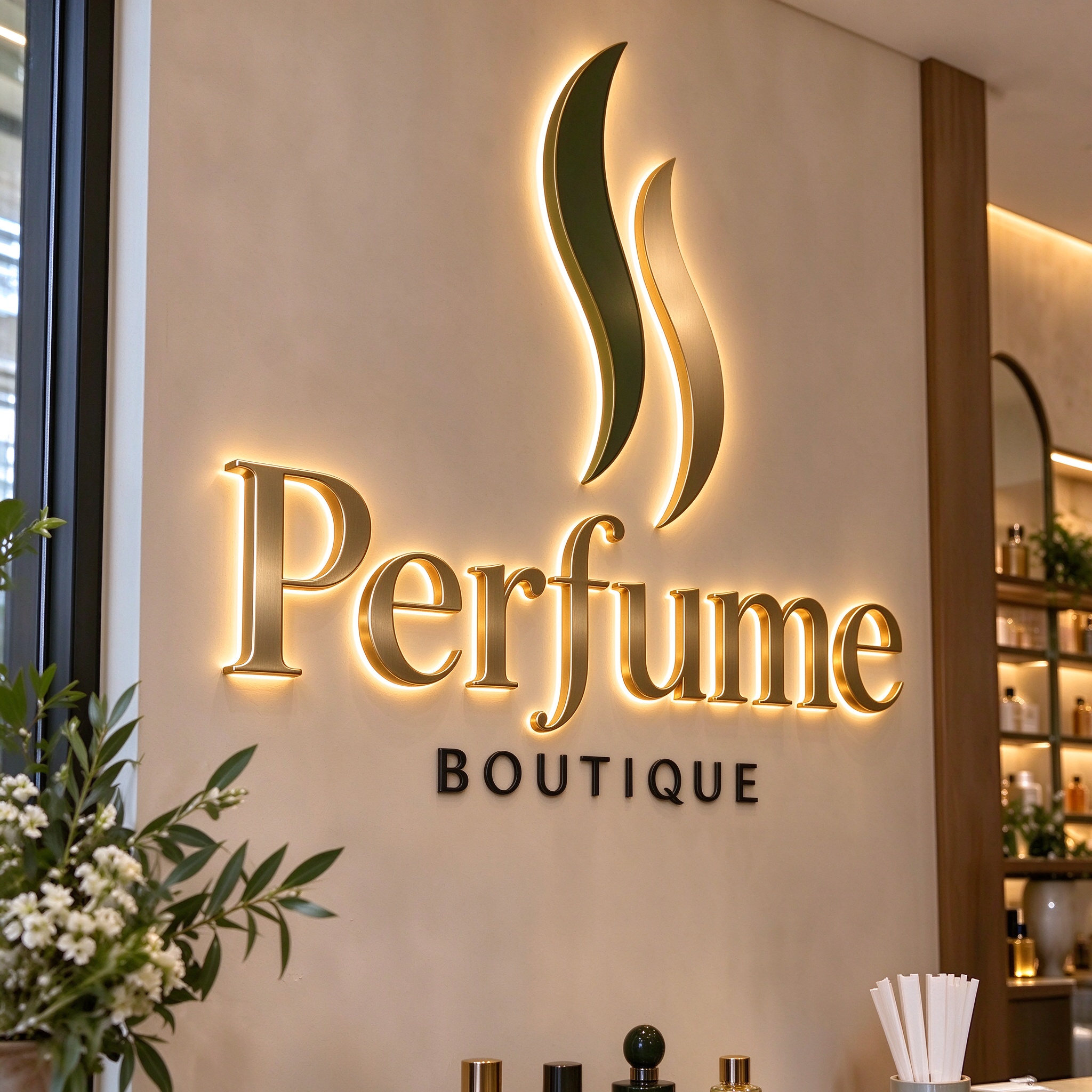 Interior gold-tone perfume boutique wall sign reference with raised lettering, a flowing emblem and halo light