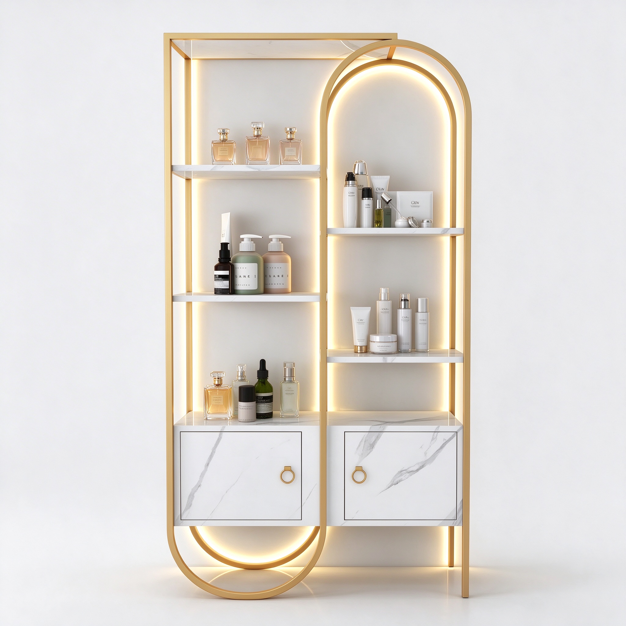 Gold-tone perfume rack reference combining a rectangular section and illuminated arch, veined shelves and lower cupboards