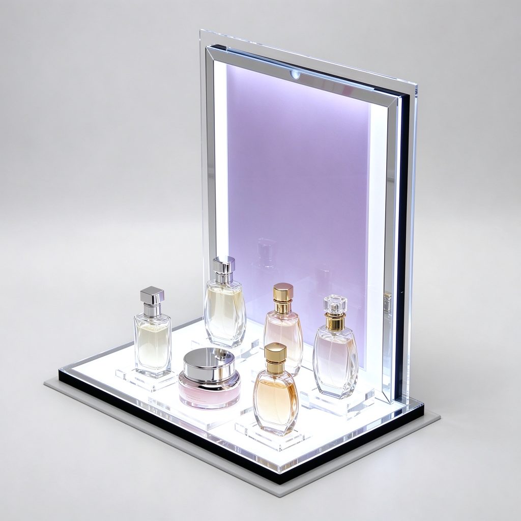 Framed countertop perfume display reference with a tall pale back panel and bright base