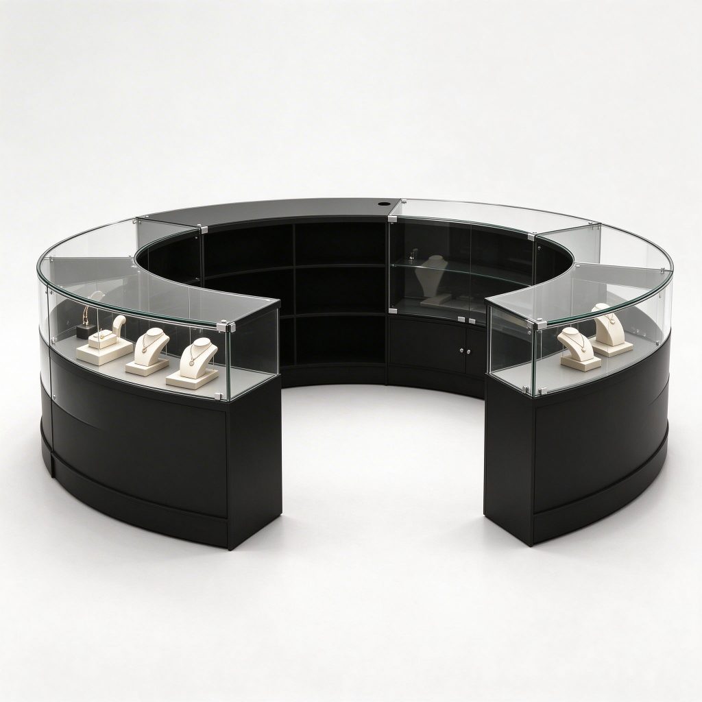 Black C-shaped curved showcase around an open staff area with inward-facing shelves