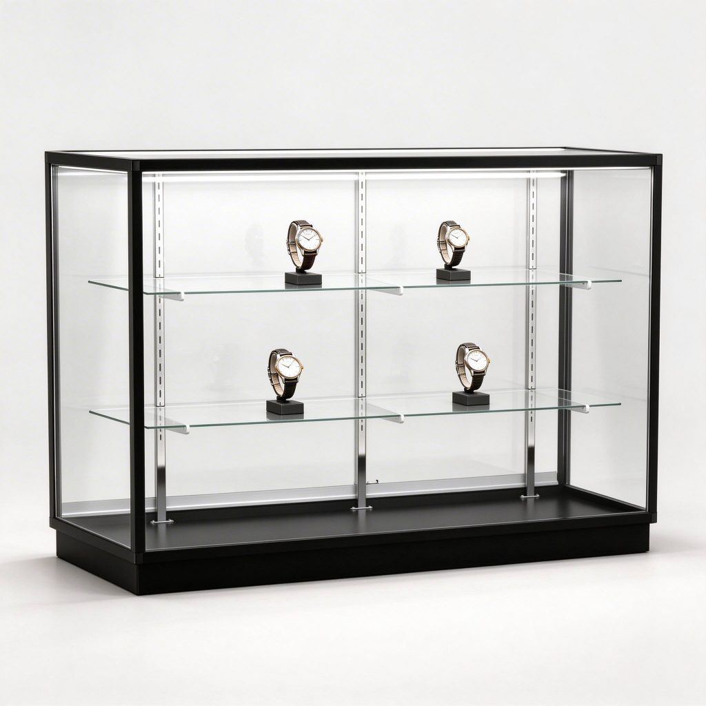 Black framed full vision case with clear watch display rows and patterned upright supports
