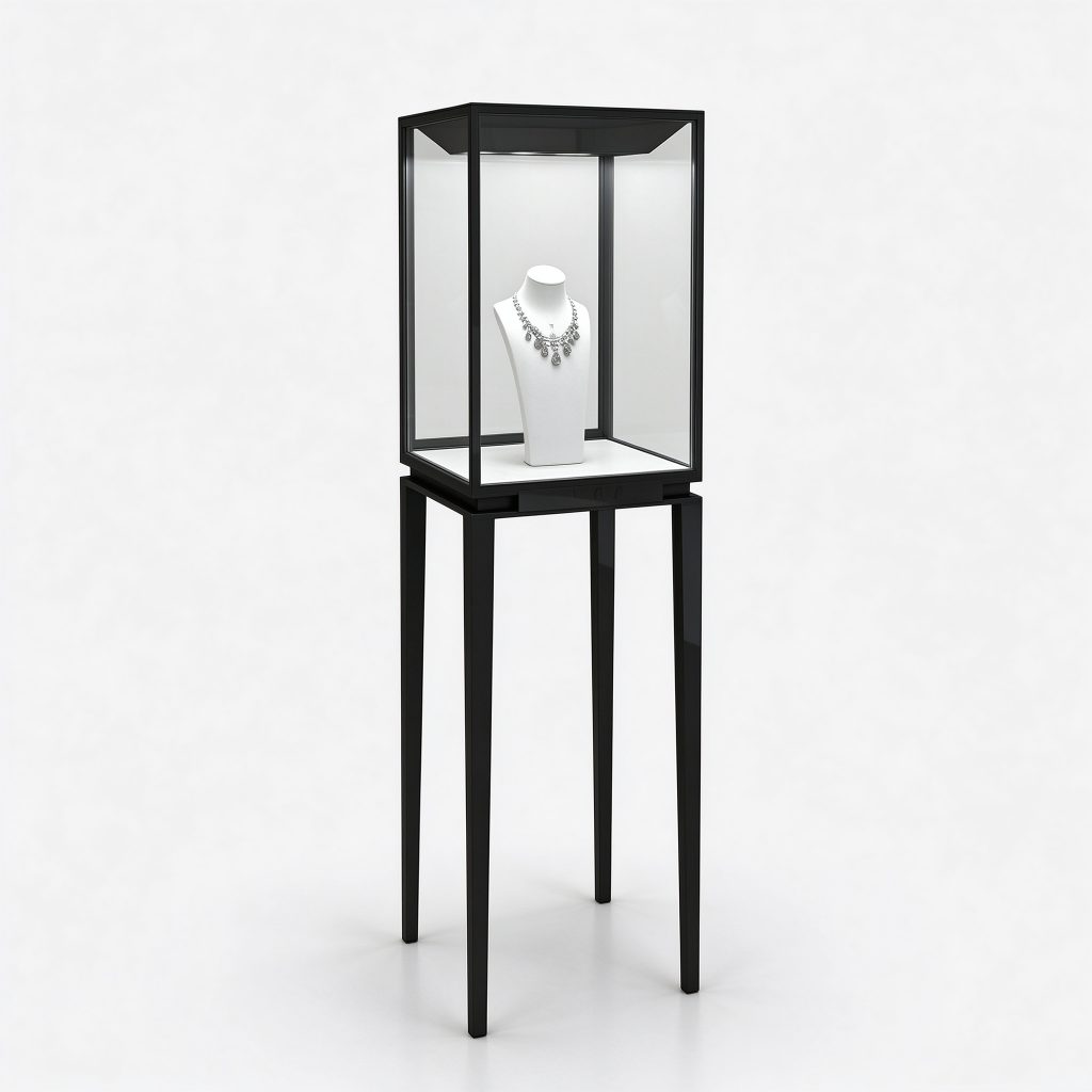 Narrow black clear necklace case on tall slender open legs with illustrative bust