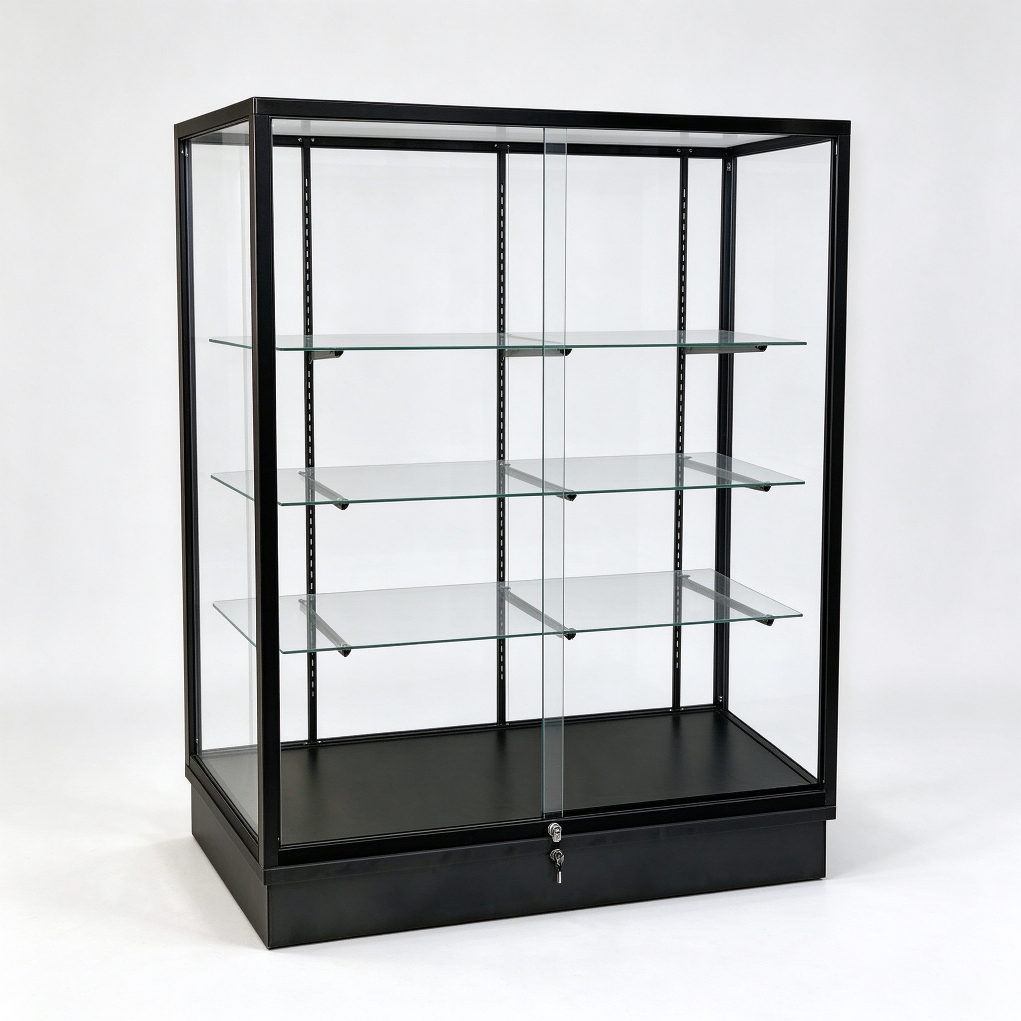 Black Frame Upright Glass Display Case with Three Shelves