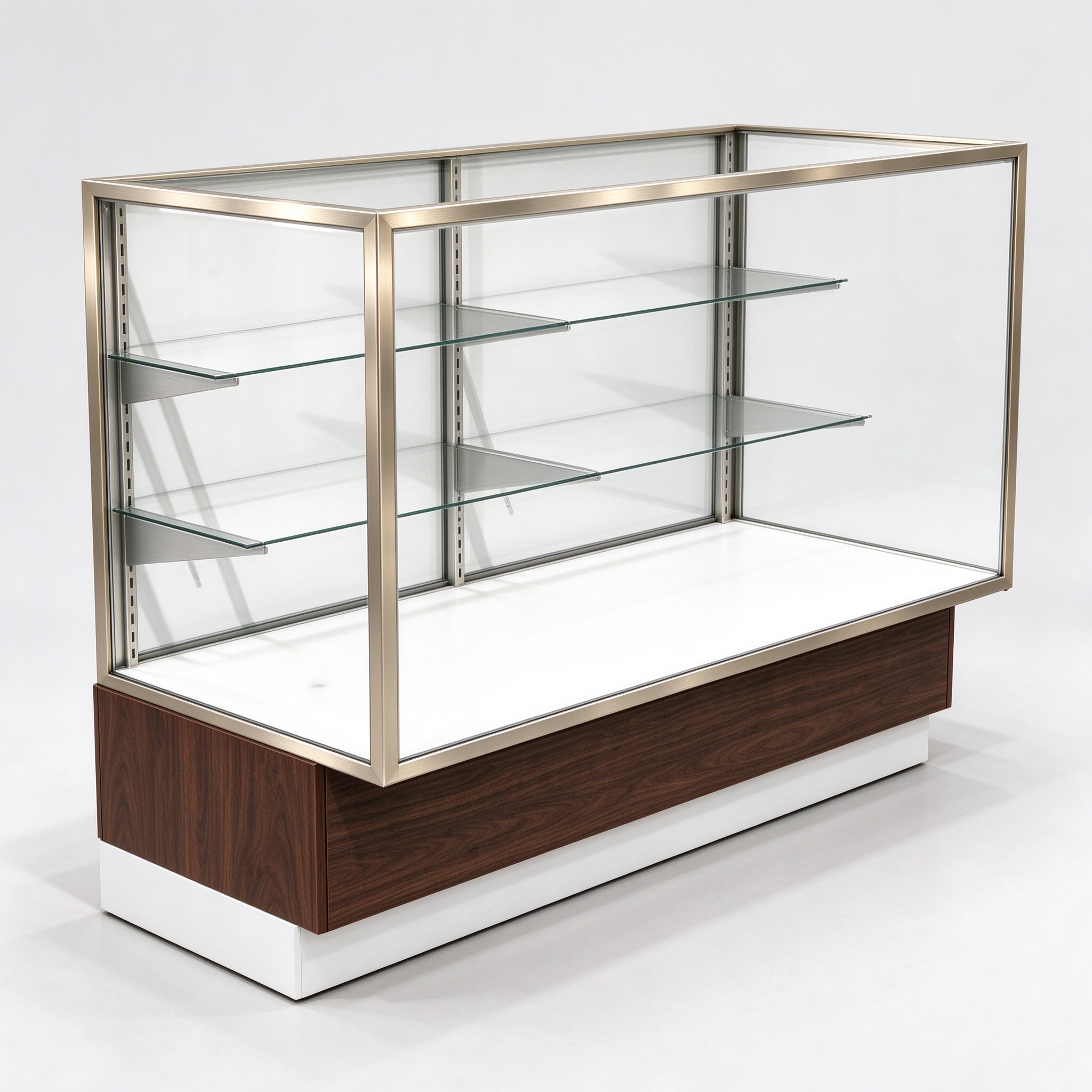 Champagne-Tone Glass Display Case with Dark Wood-Grain Base