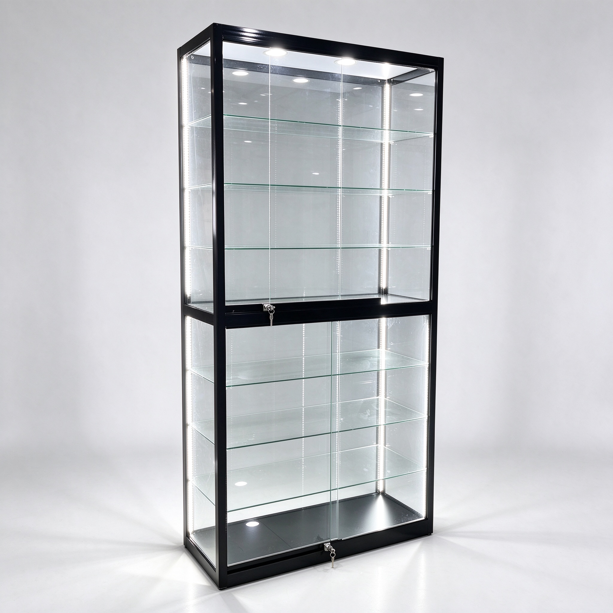 Tall Black Glass Display Showcase with Two Stacked Compartments