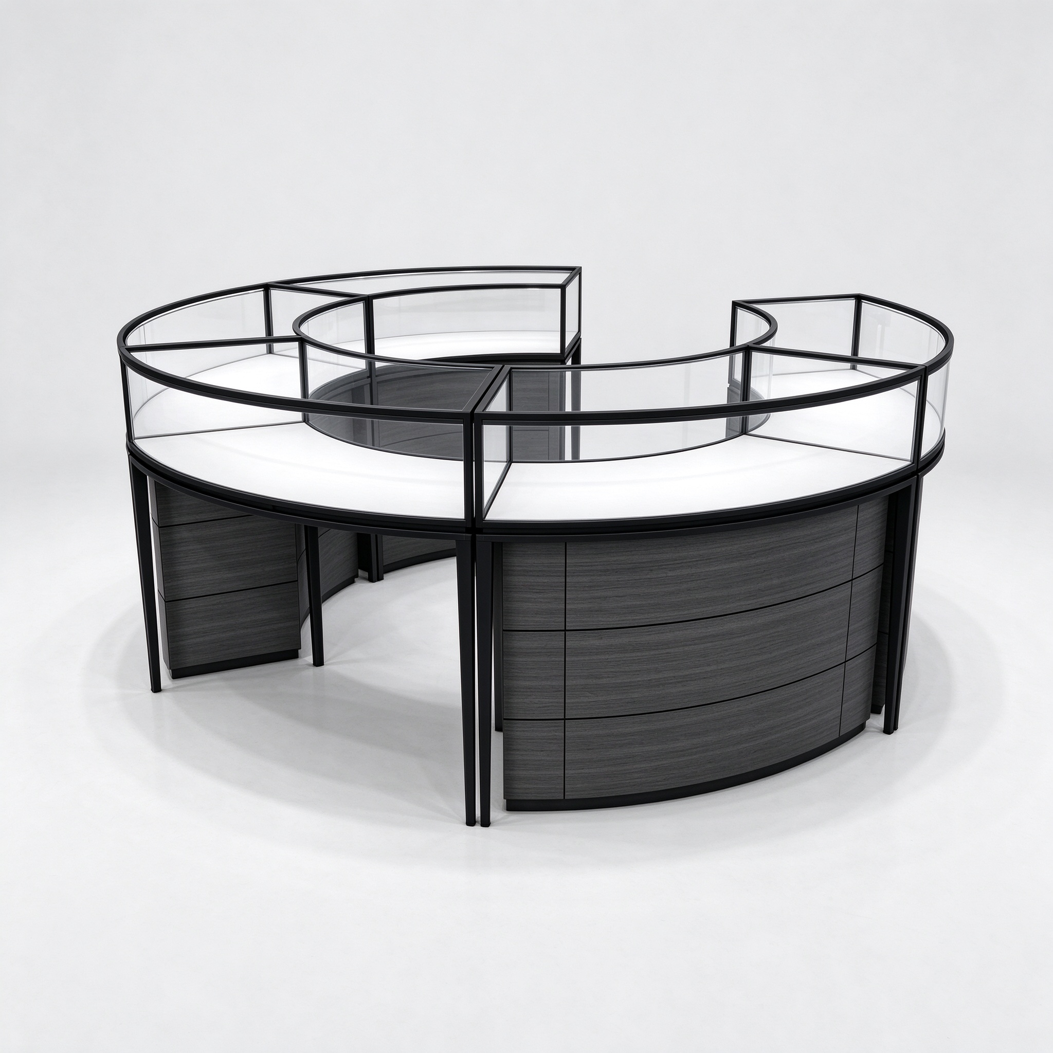 Black Curved Jewelry Display Counter in an Open C-Shaped Island
