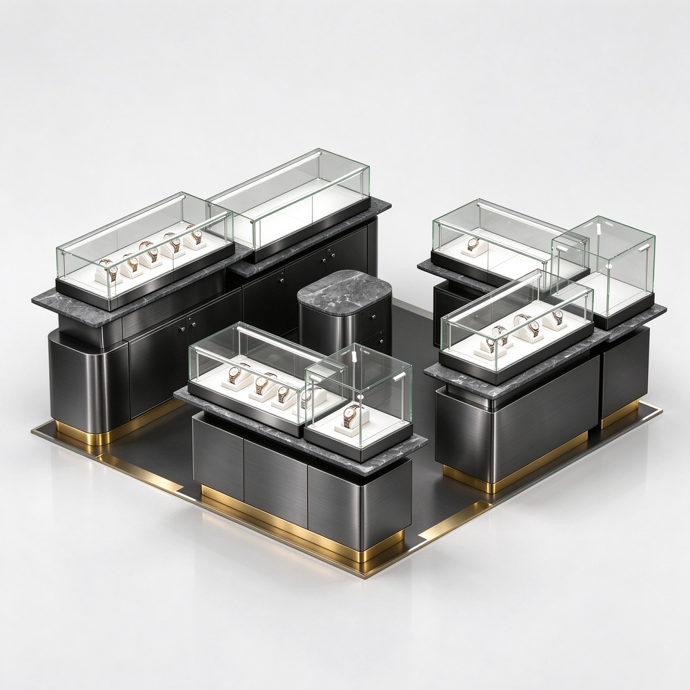 Separate black jewelry counter modules with gray veined-look tops and tall clear end cases