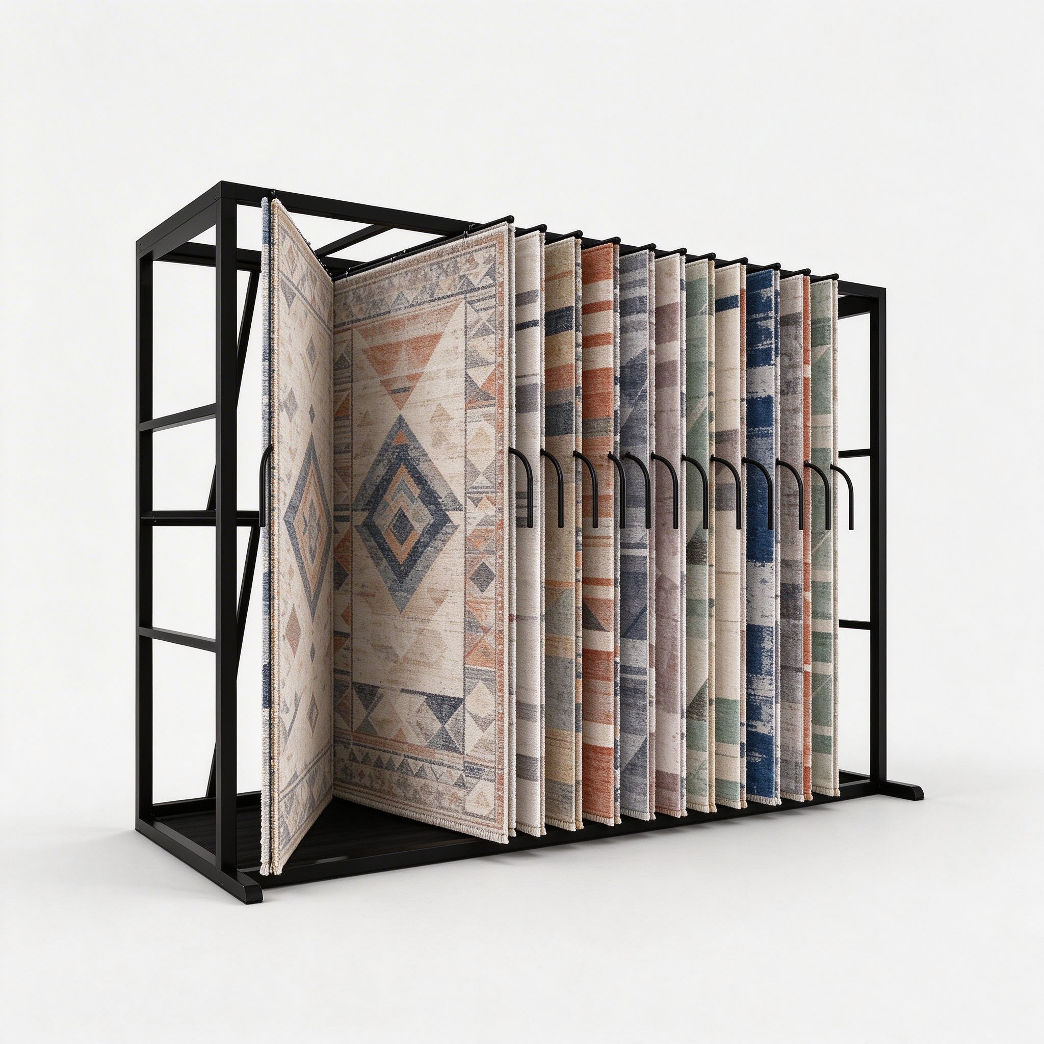 Carpet Display Rack with Hanging Sample Leaves for Rug Showrooms