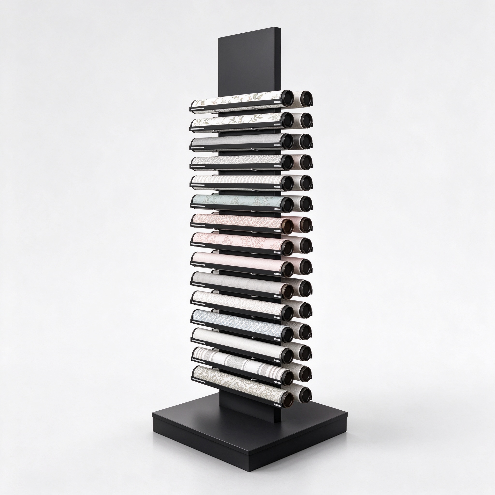 Floor-Standing Wallpaper Roll Display Tower with Black Plinth Base