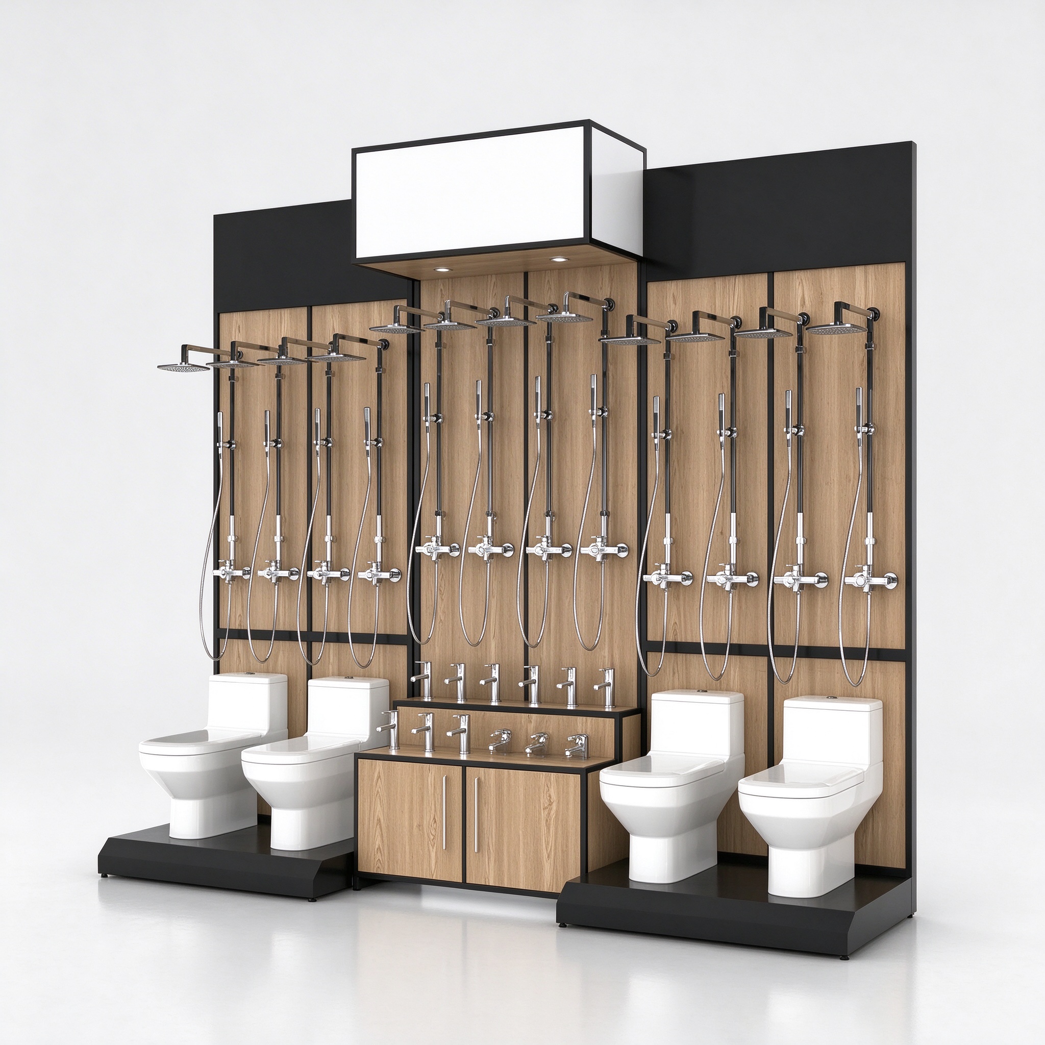 Combined Sanitary Ware Display Wall with Shower Rails and Faucet Counter