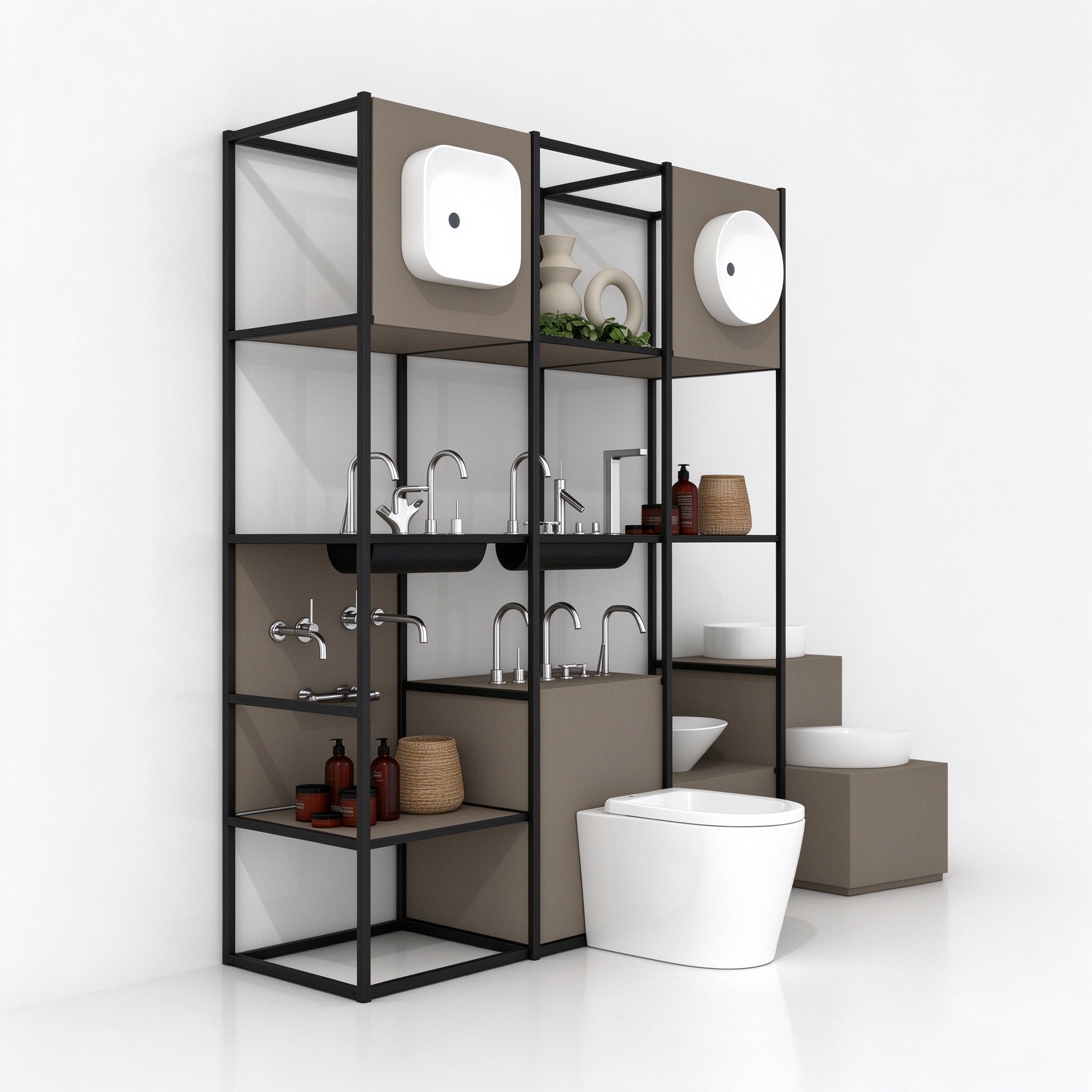 Open Frame Sanitary Display Tower with Basin and Faucet Presentation