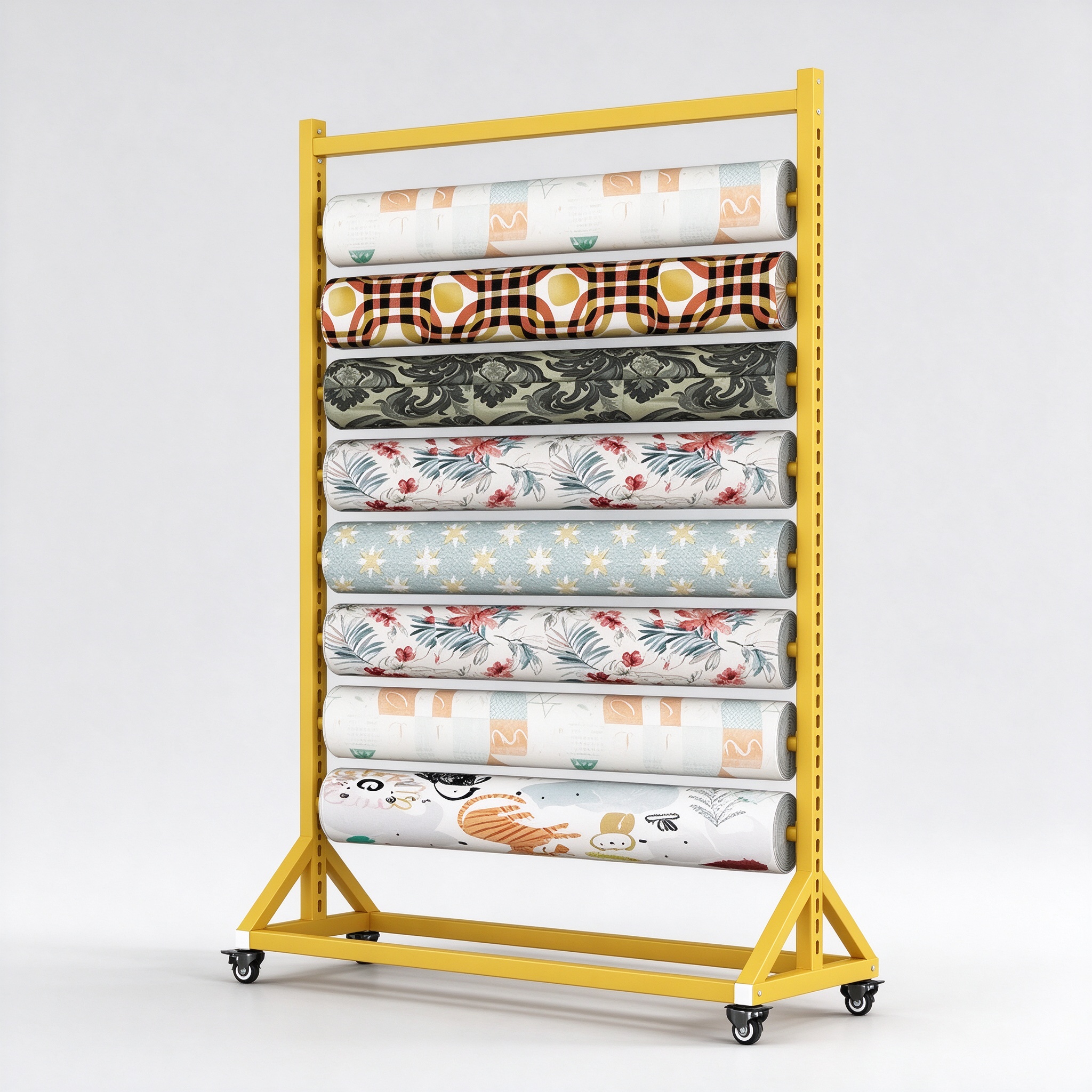 Yellow Mobile Fabric Roll Rack with Horizontal Rods