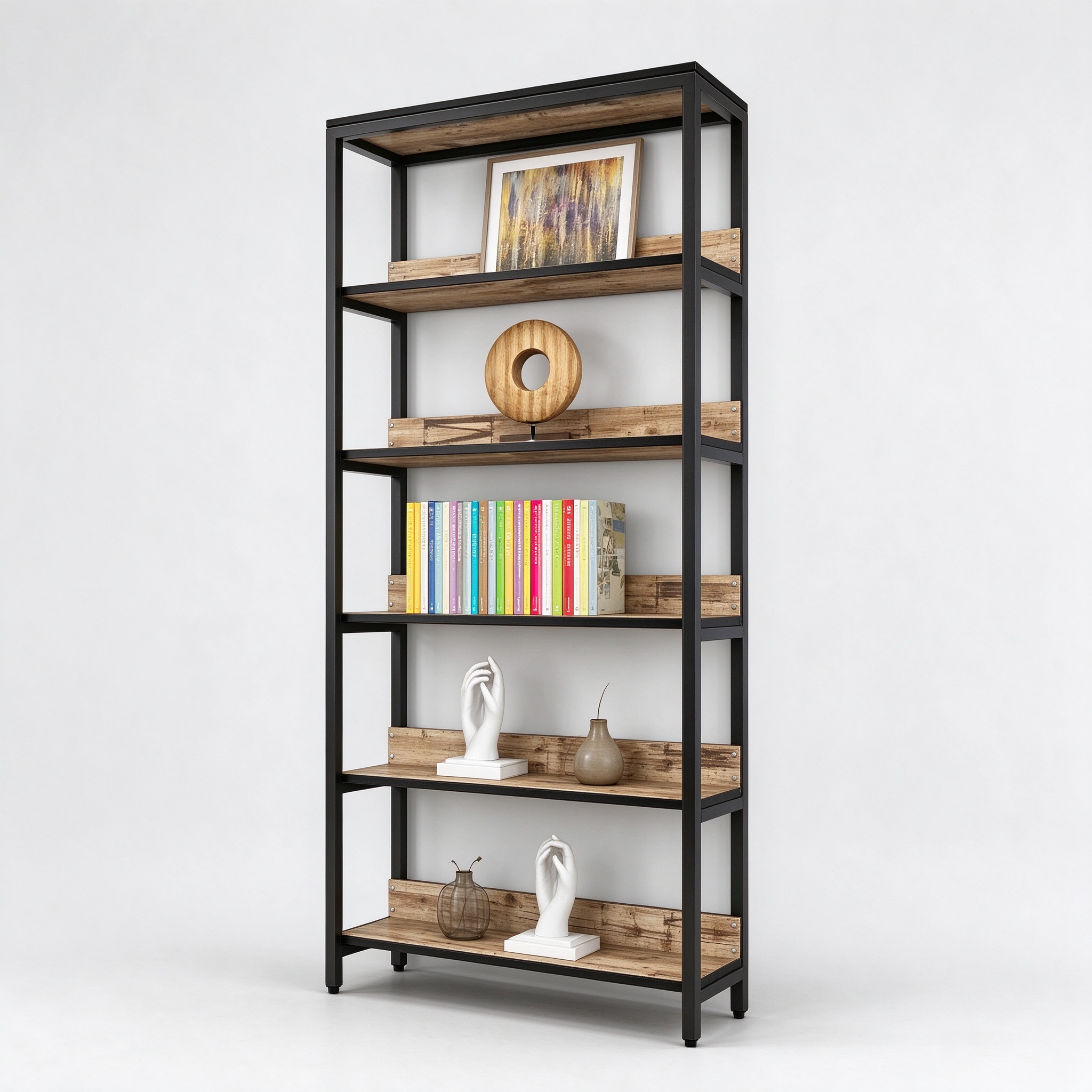 Industrial Black Frame Open Shelf Display Rack for Home Decor