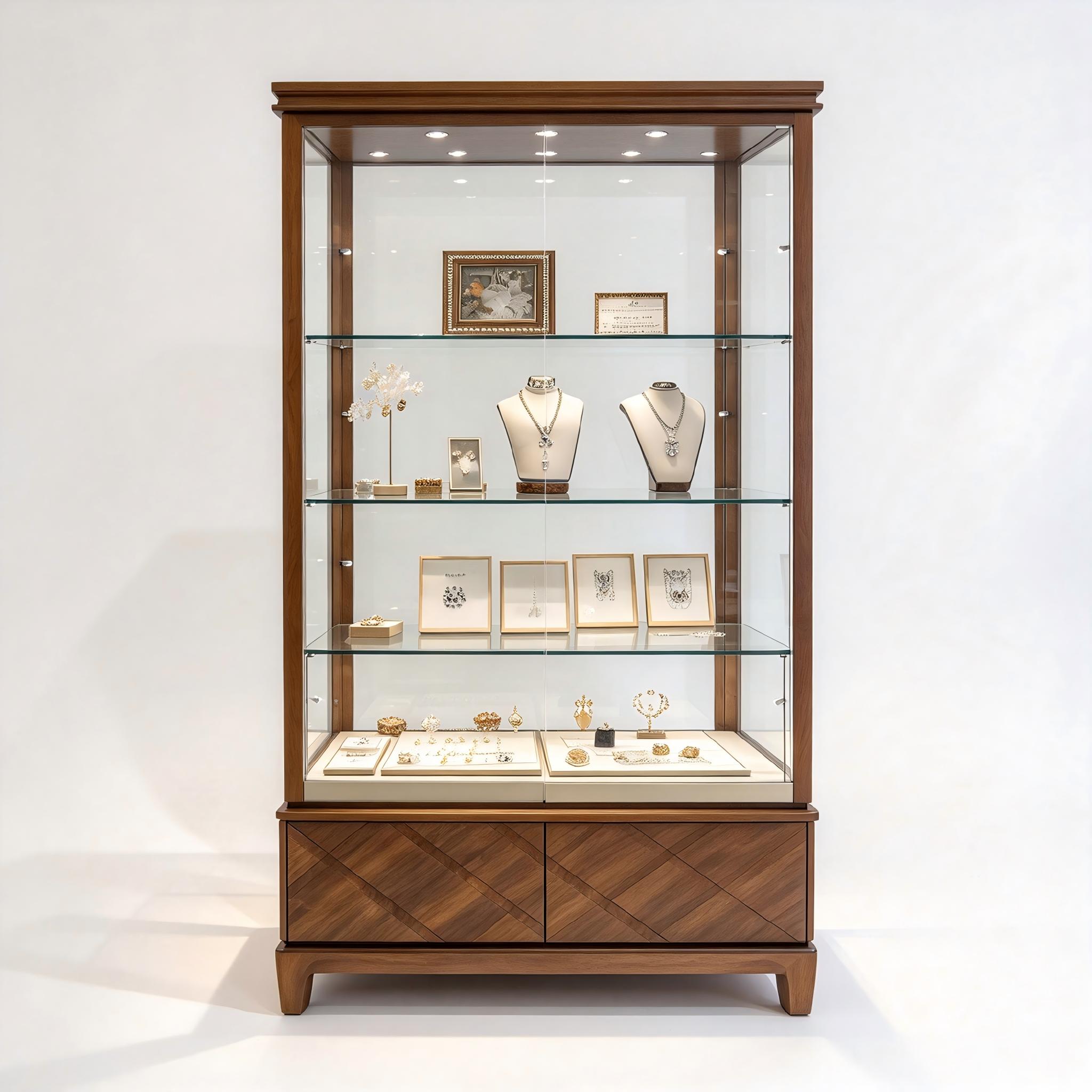 Tiered Wood-Grain Glass Jewelry Showcase with Lower Cabinet Fronts