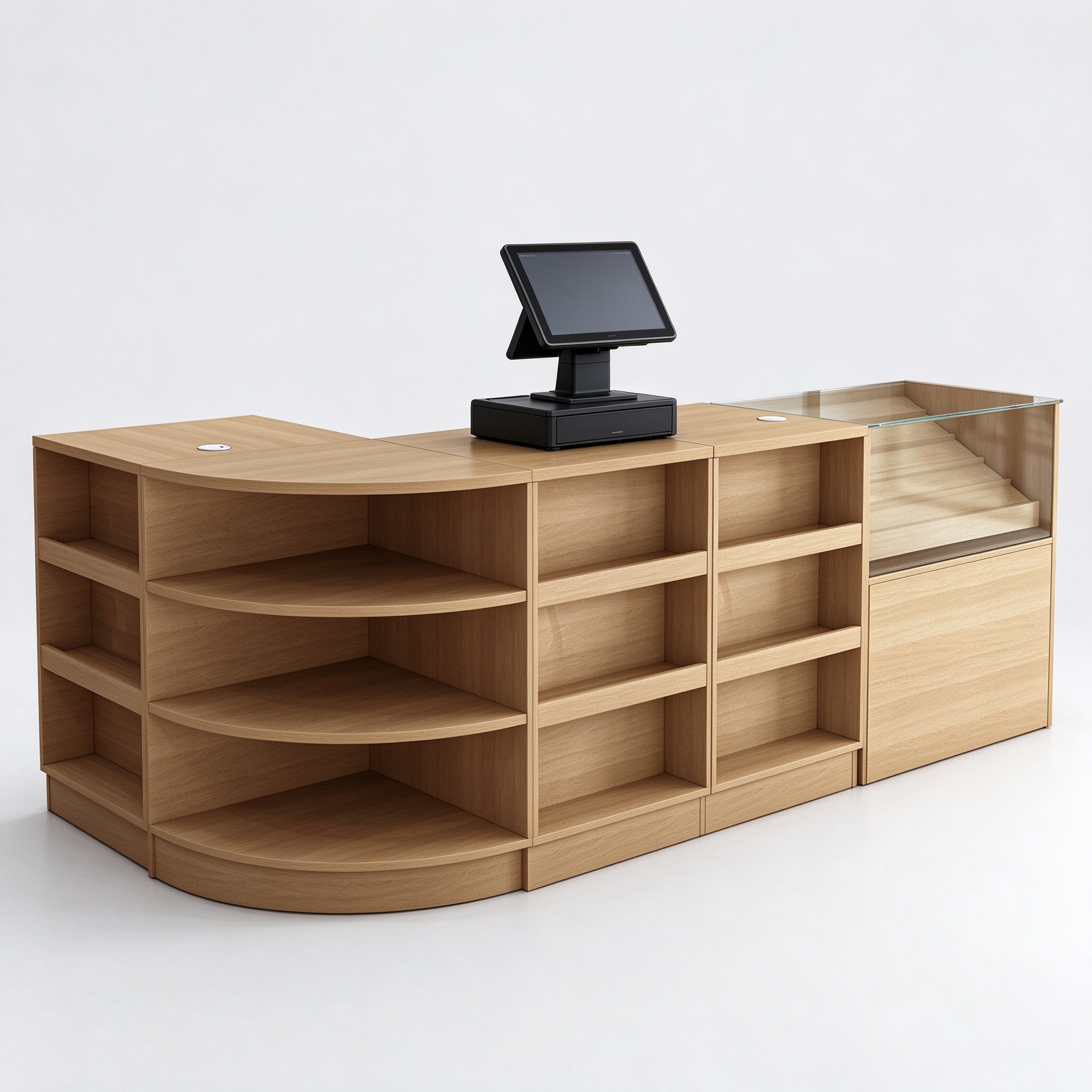 Light Wood-Grain L-Shaped Cashier Counter with Sloping Clear Display End