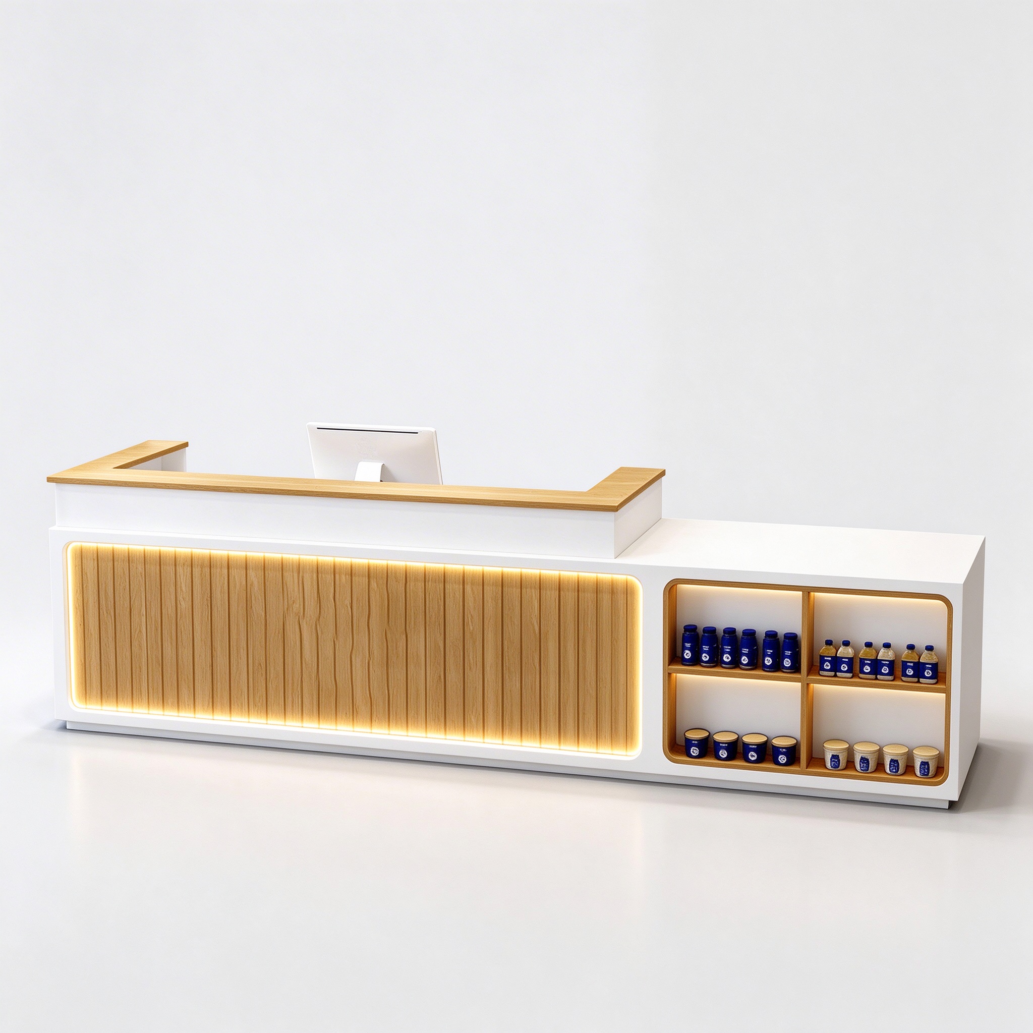 White and Wood-Grain Retail Checkout Counter with Open Display Bays