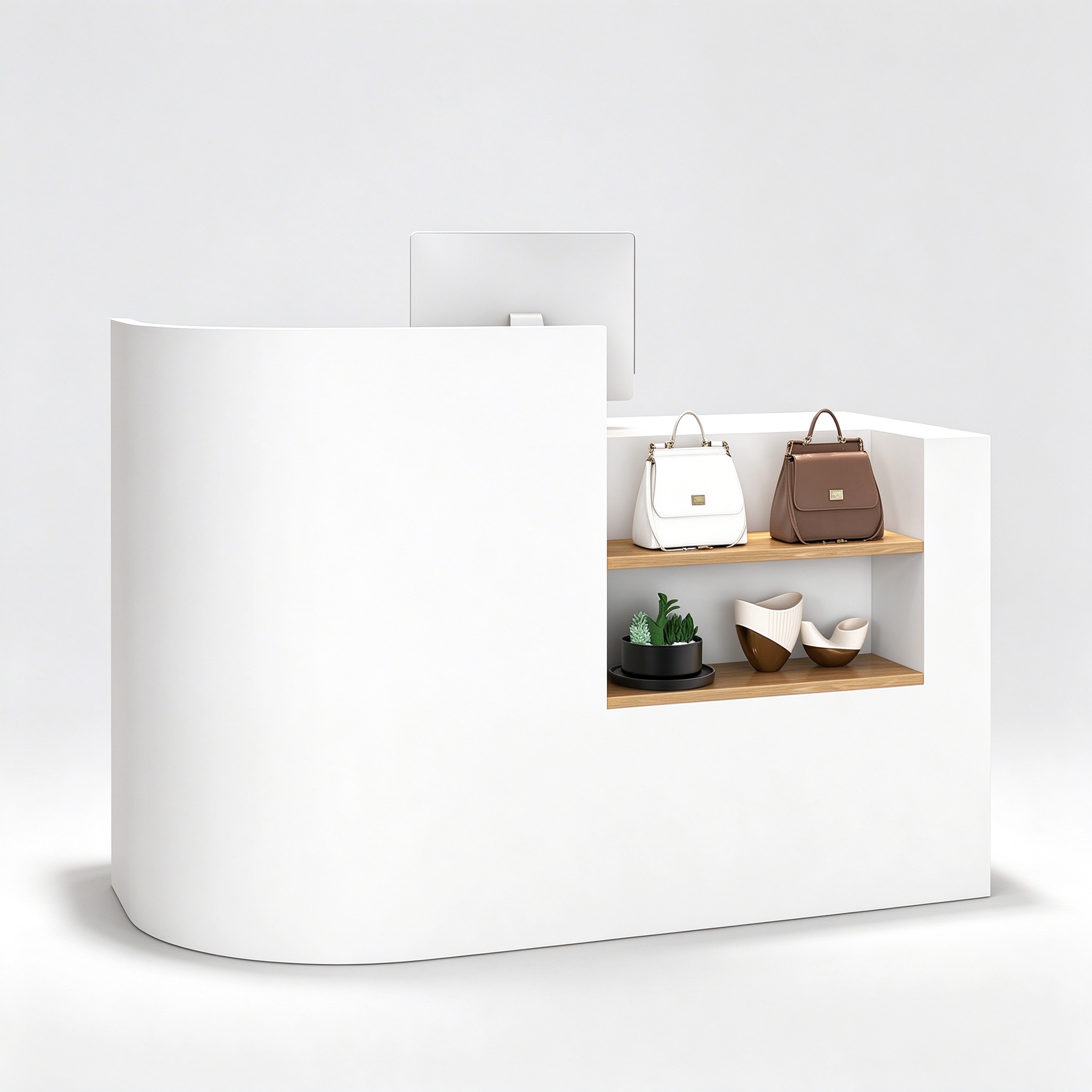 Curved White Boutique Cash Wrap Counter with Open Display Shelves