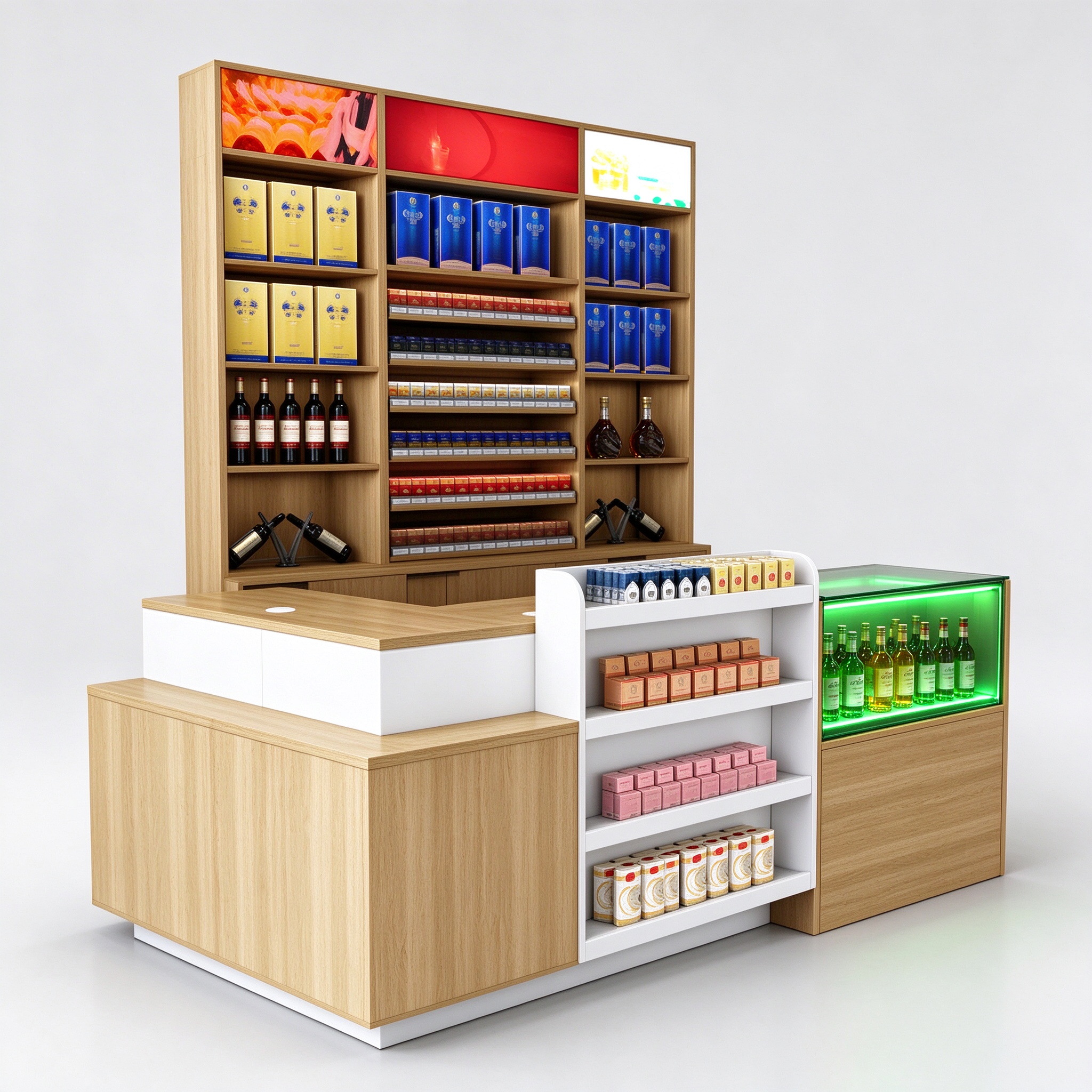 Convenience Store Checkout Counter with Back Display and White Accessory Rack