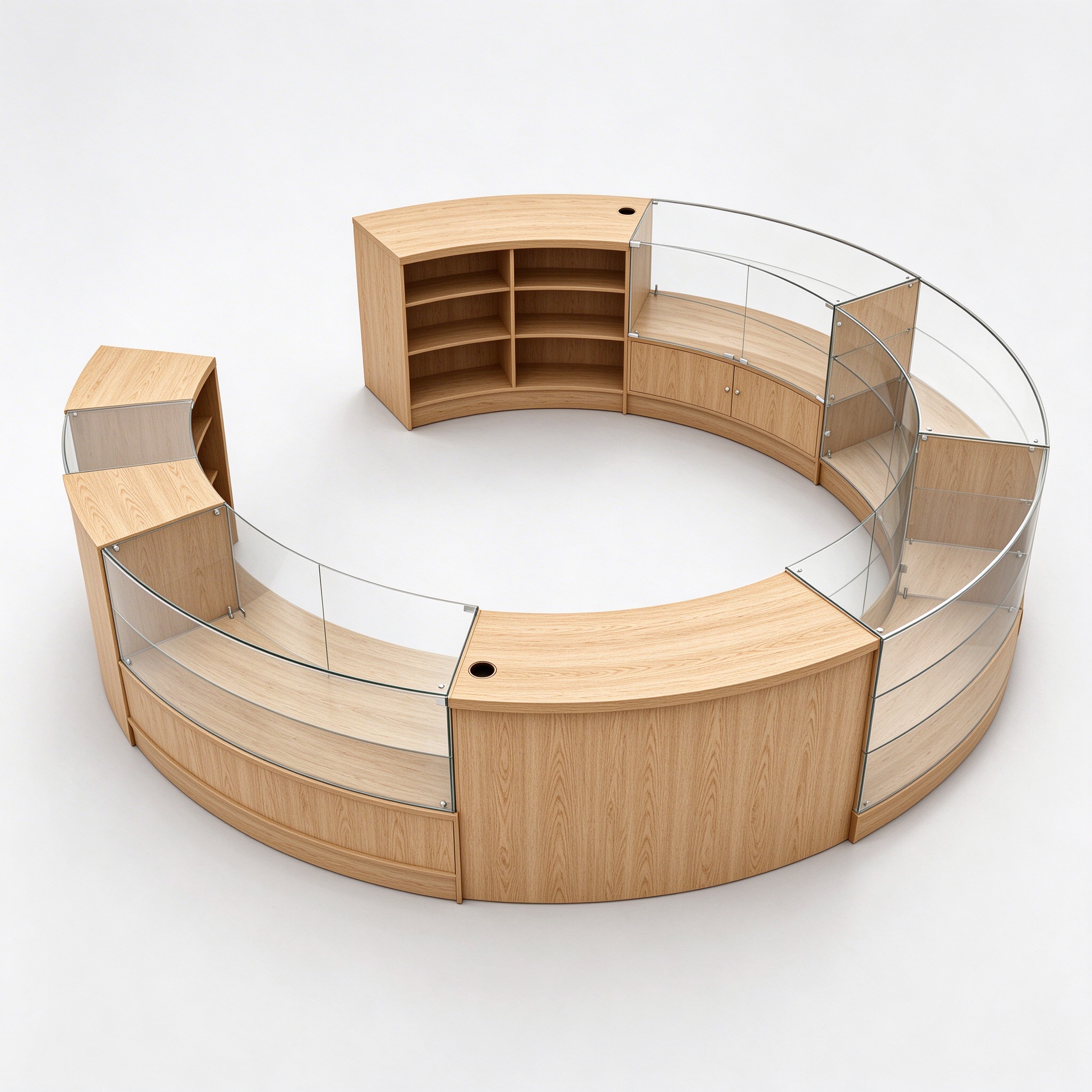 Circular Cash Wrap Counter with Curved Clear Display Sections