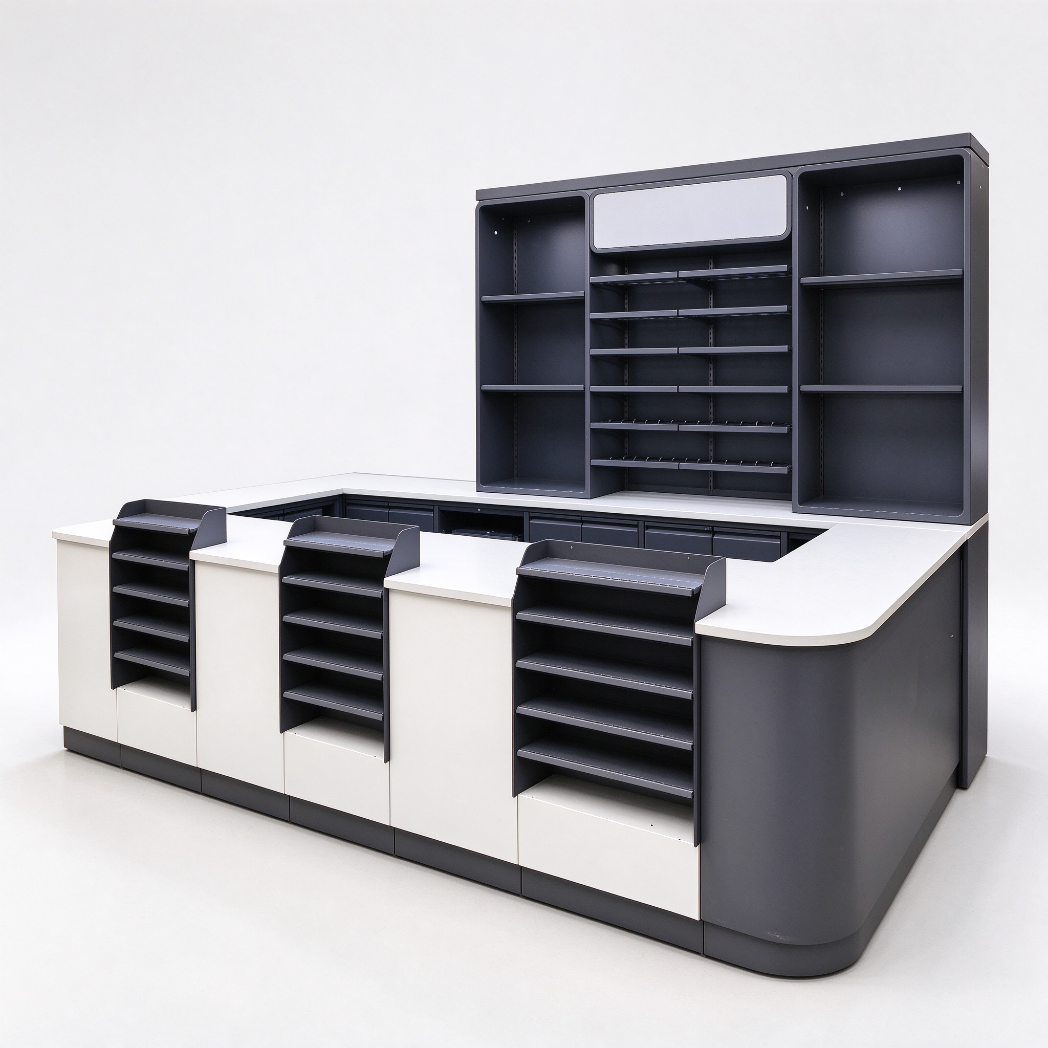 Commercial Supermarket Checkout Counter with Back Shelving and Front Impulse Shelves