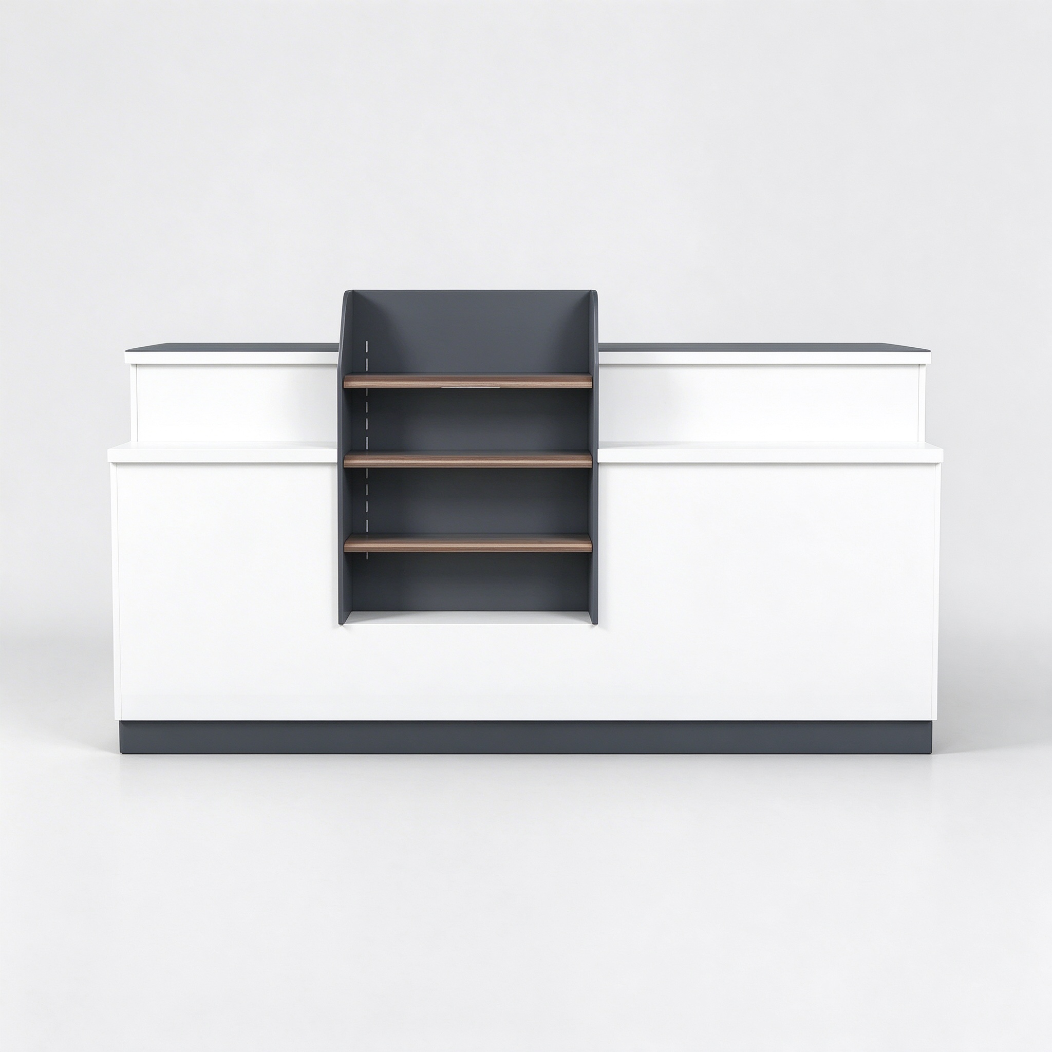 Small White Retail Sales Counter with Central Display Shelves