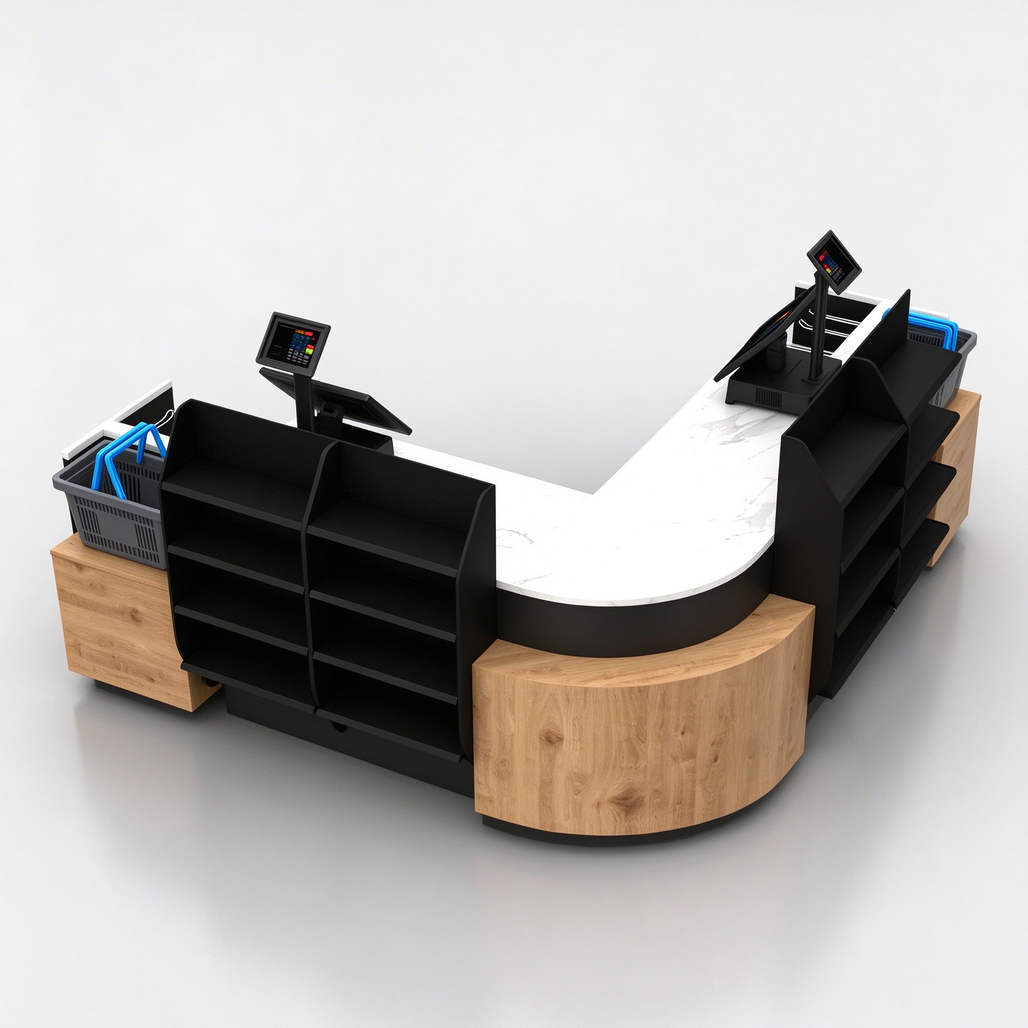 L-Shaped Retail Checkout Counter with Black Impulse Shelves and Grain-Look Base
