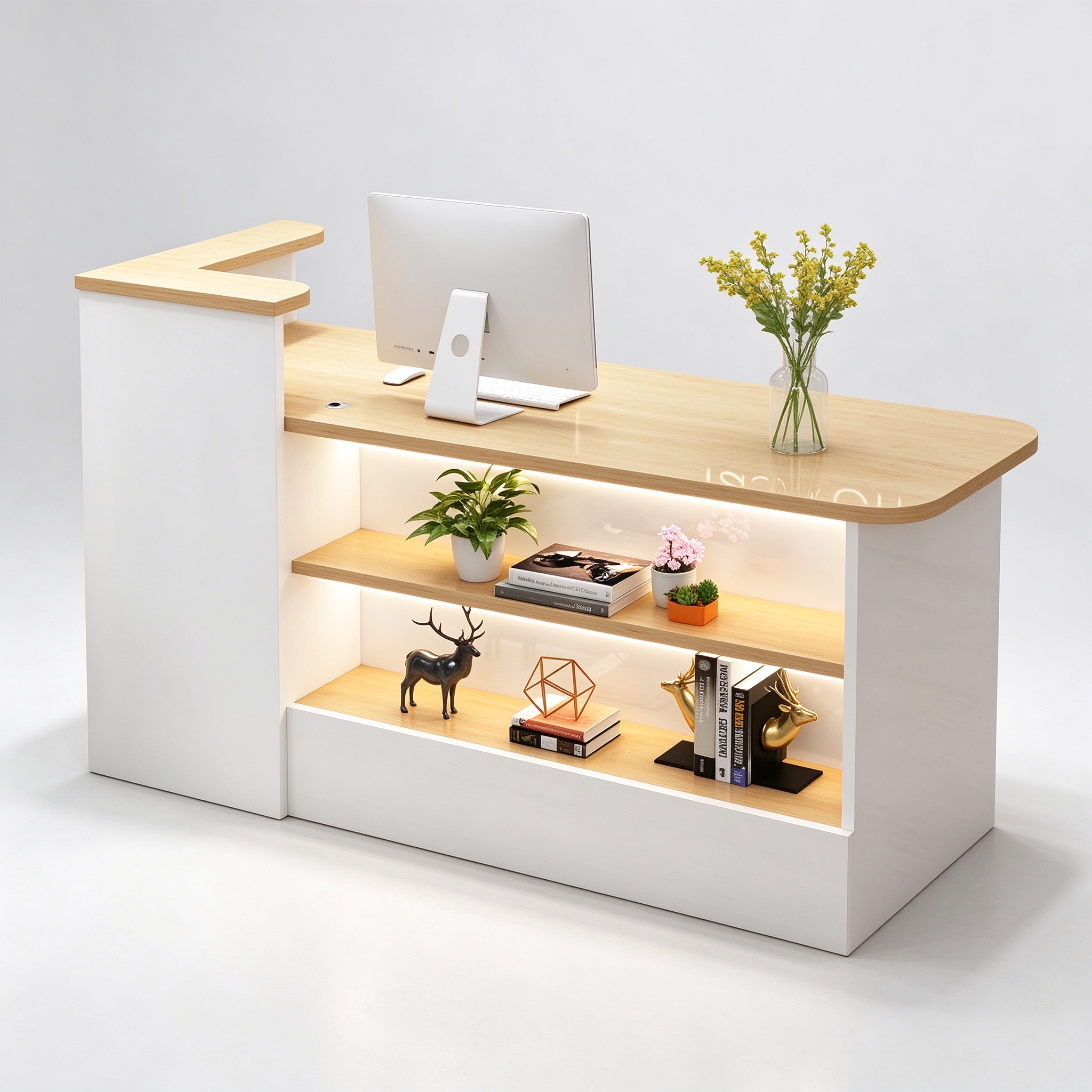 Clothing Store Cashier Counter with Open Grain-Look Display Shelves