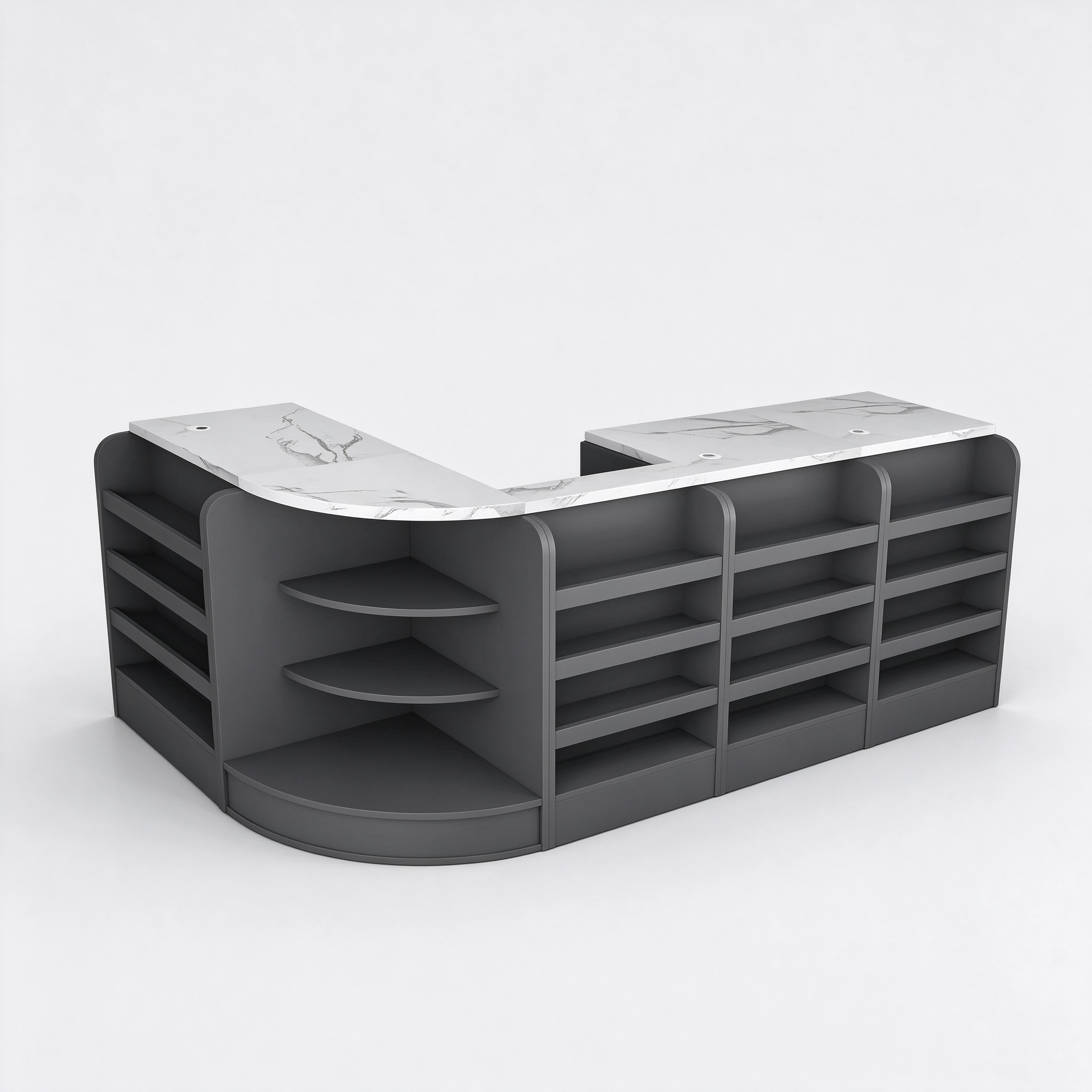 Modular L-Shaped Cash Wrap Counter with Open Slanted Shelves