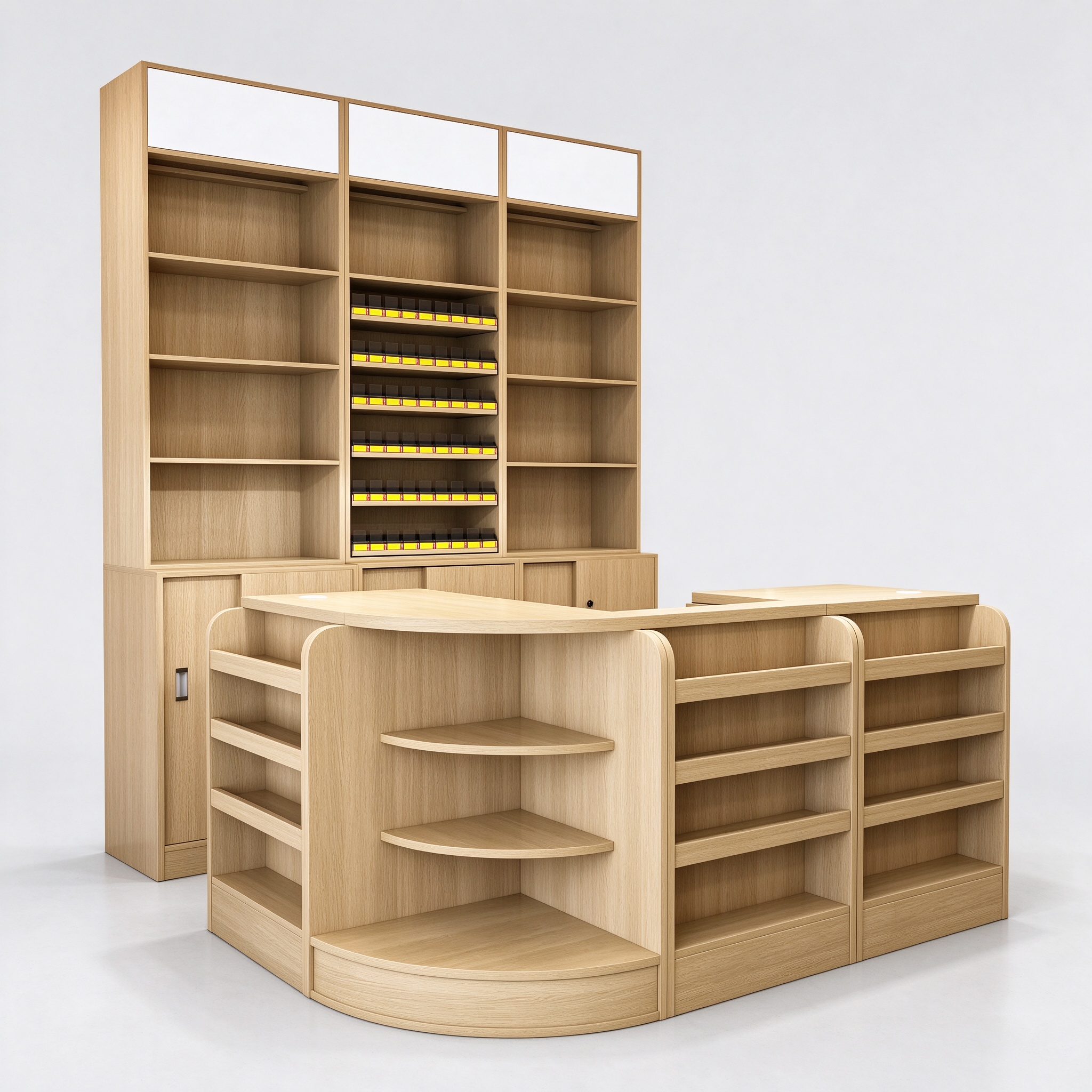 Grocery Store Checkout Counter with Tall Back Shelving Wall