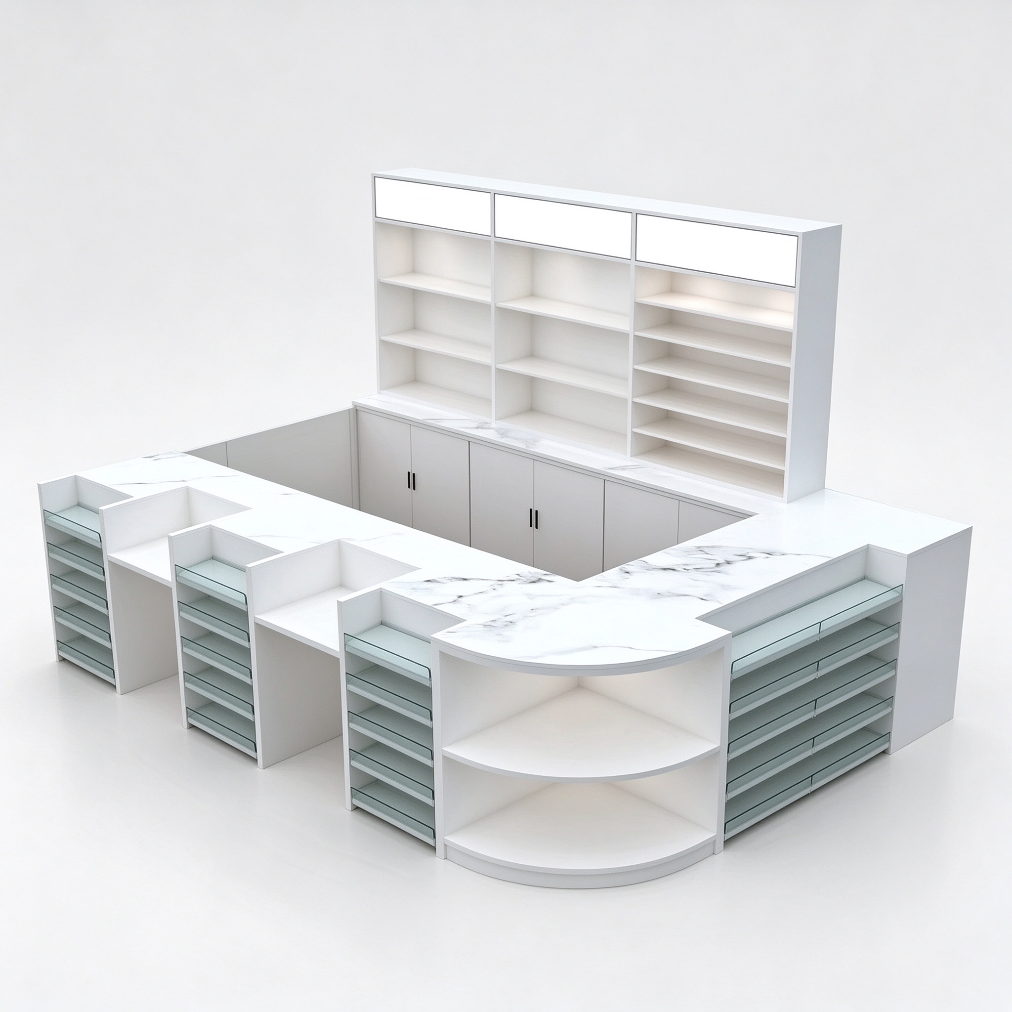 U-Shaped Retail Checkout Counter with Clear Front Shelves and Back Wall