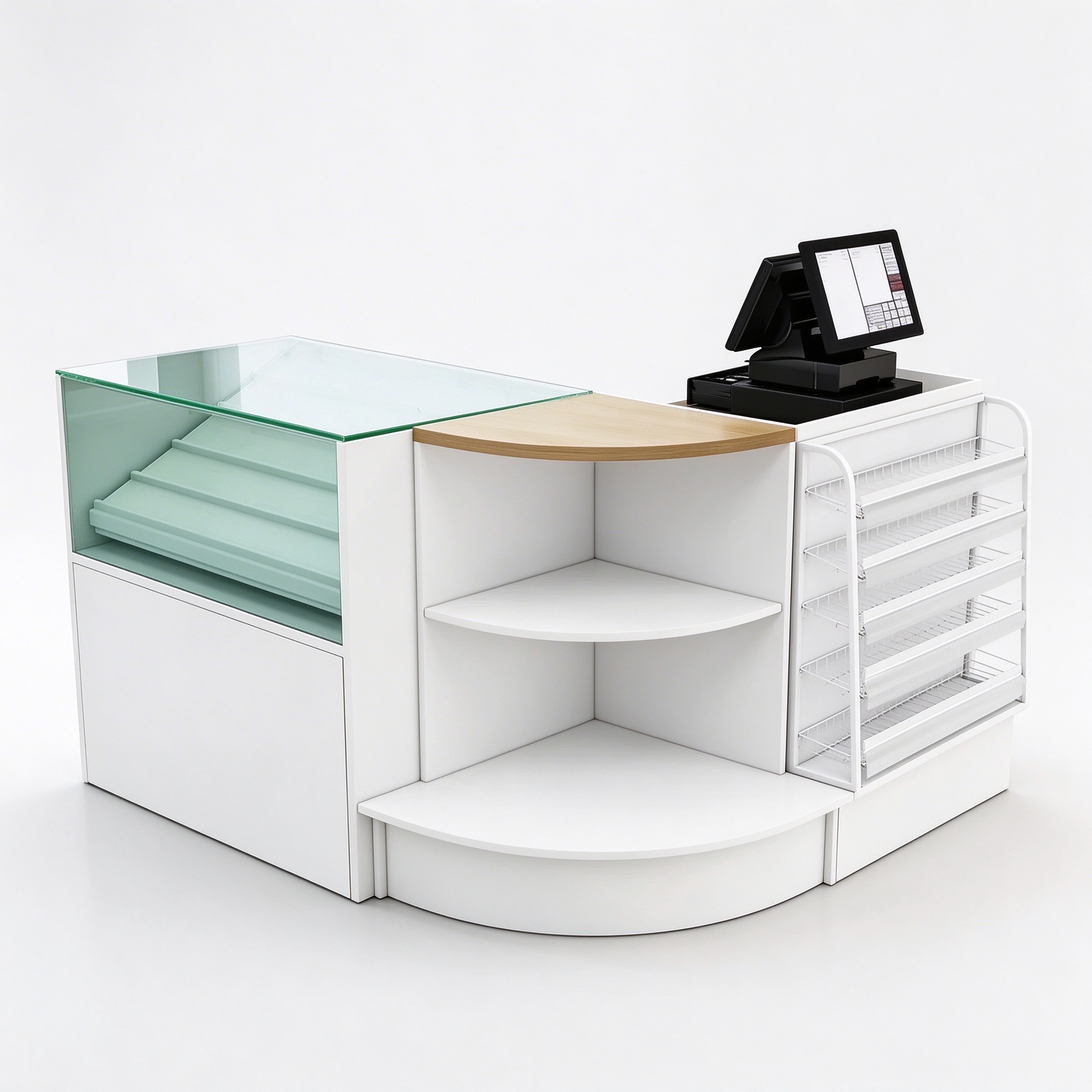 Glass Checkout Counter with Curved Corner Shelves and Register Position